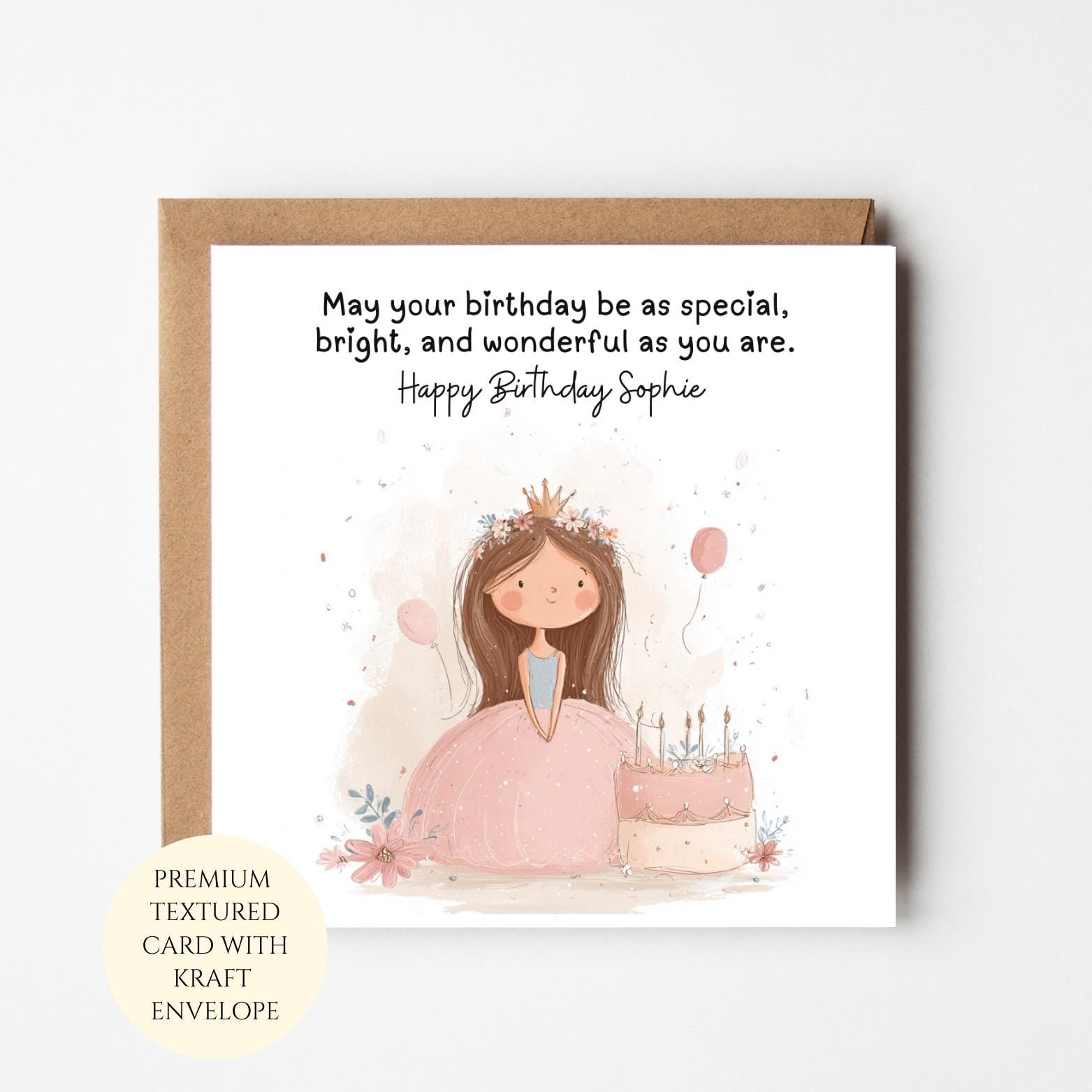 Princess Birthday Card for Girl, Balloon & Cake Illustration, Personalized Greeting