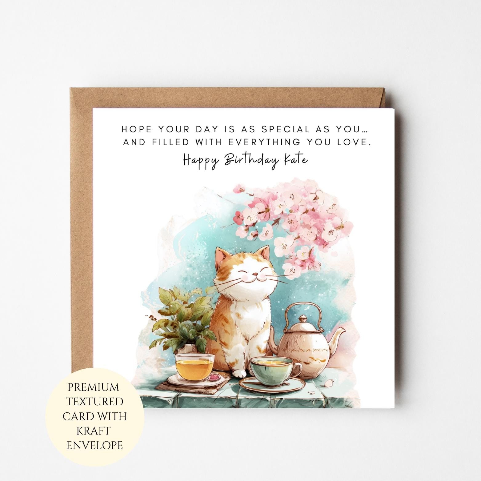 Personalised Cat Tea Party Birthday Card for Her – Whimsical Feline Illustration