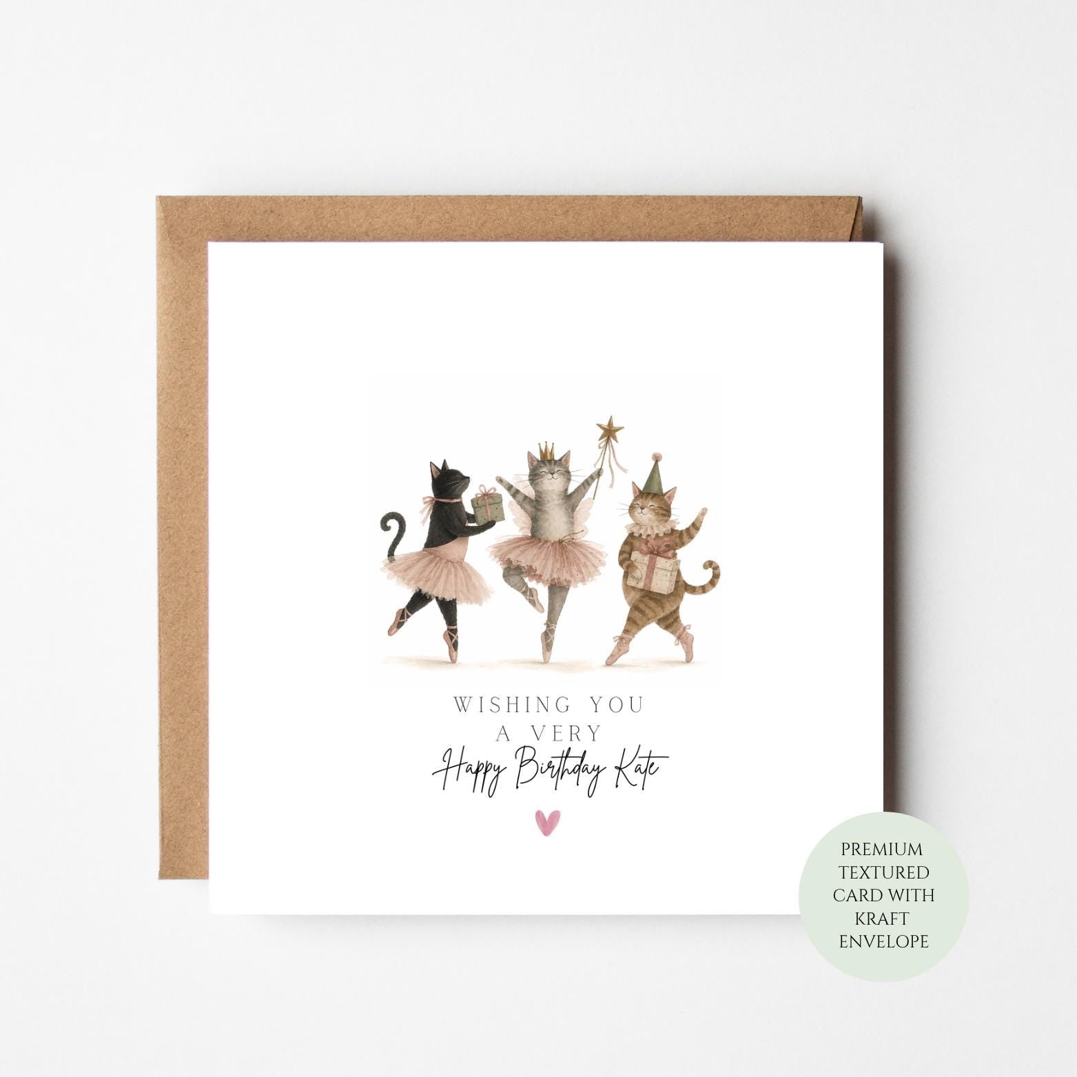 Cat Lover Birthday Card, Dancing Cats on Textured Paper (Includes Envelope)