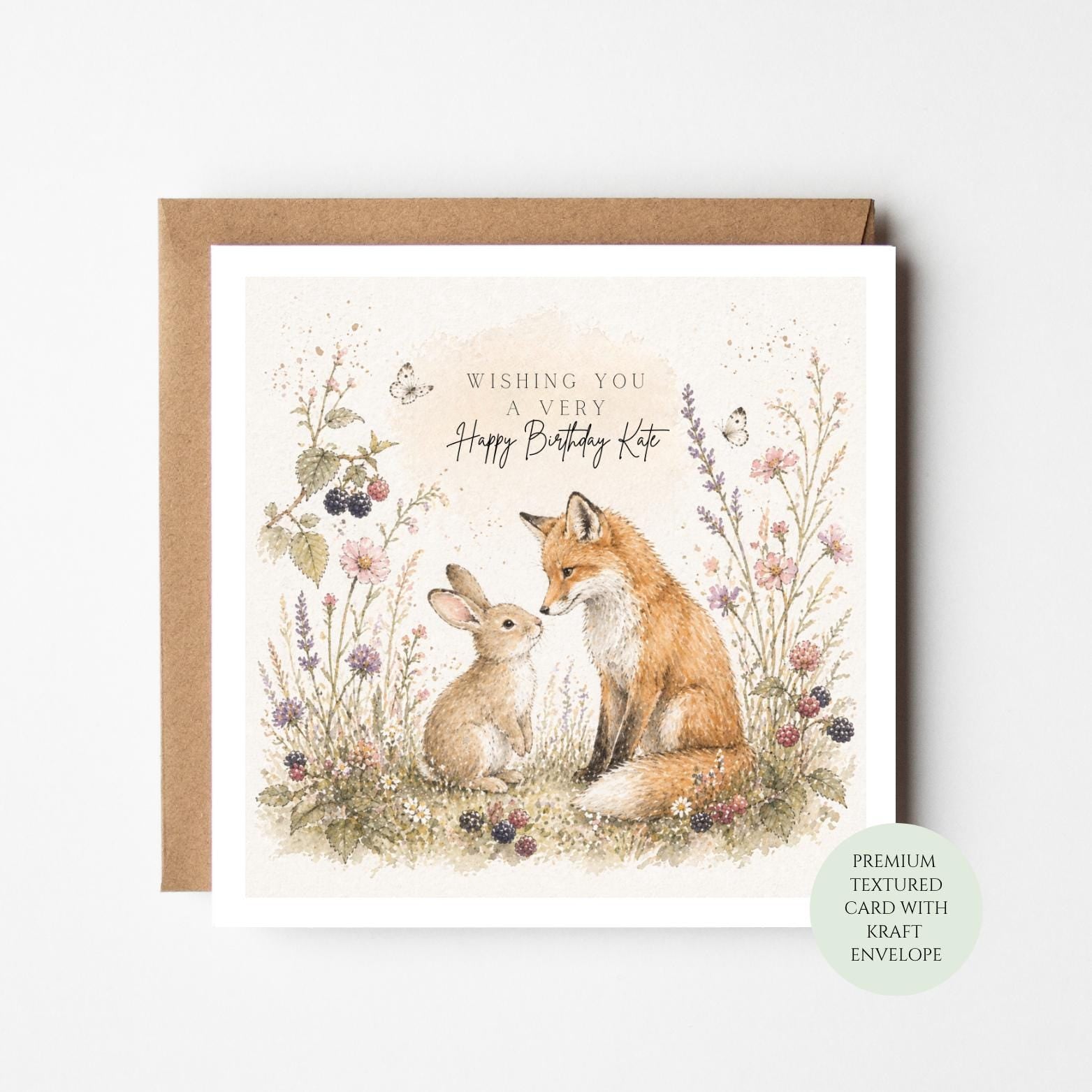 Birthday Card: Fox and Rabbit Woodland Design - Textured Paper
