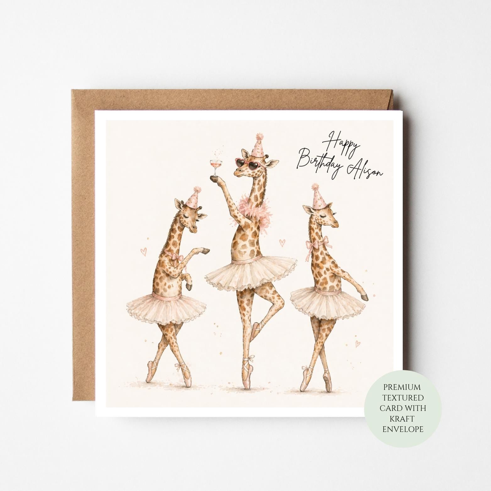 Ballet Giraffe Birthday Card: Textured Animal Design with Kraft Envelope