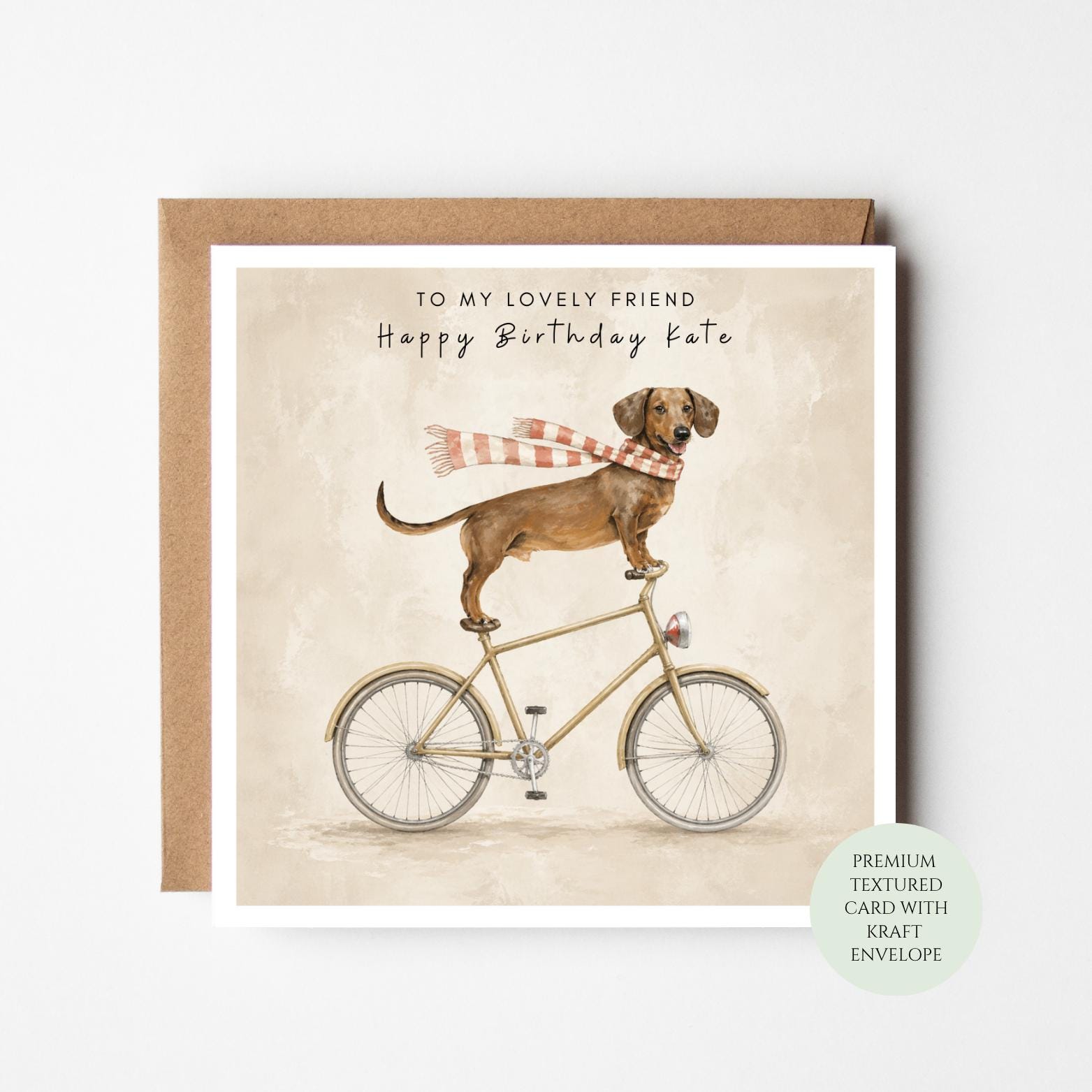 Sausage Dog Birthday Card – Dachshund on Bicycle Illustration (Textured Card)