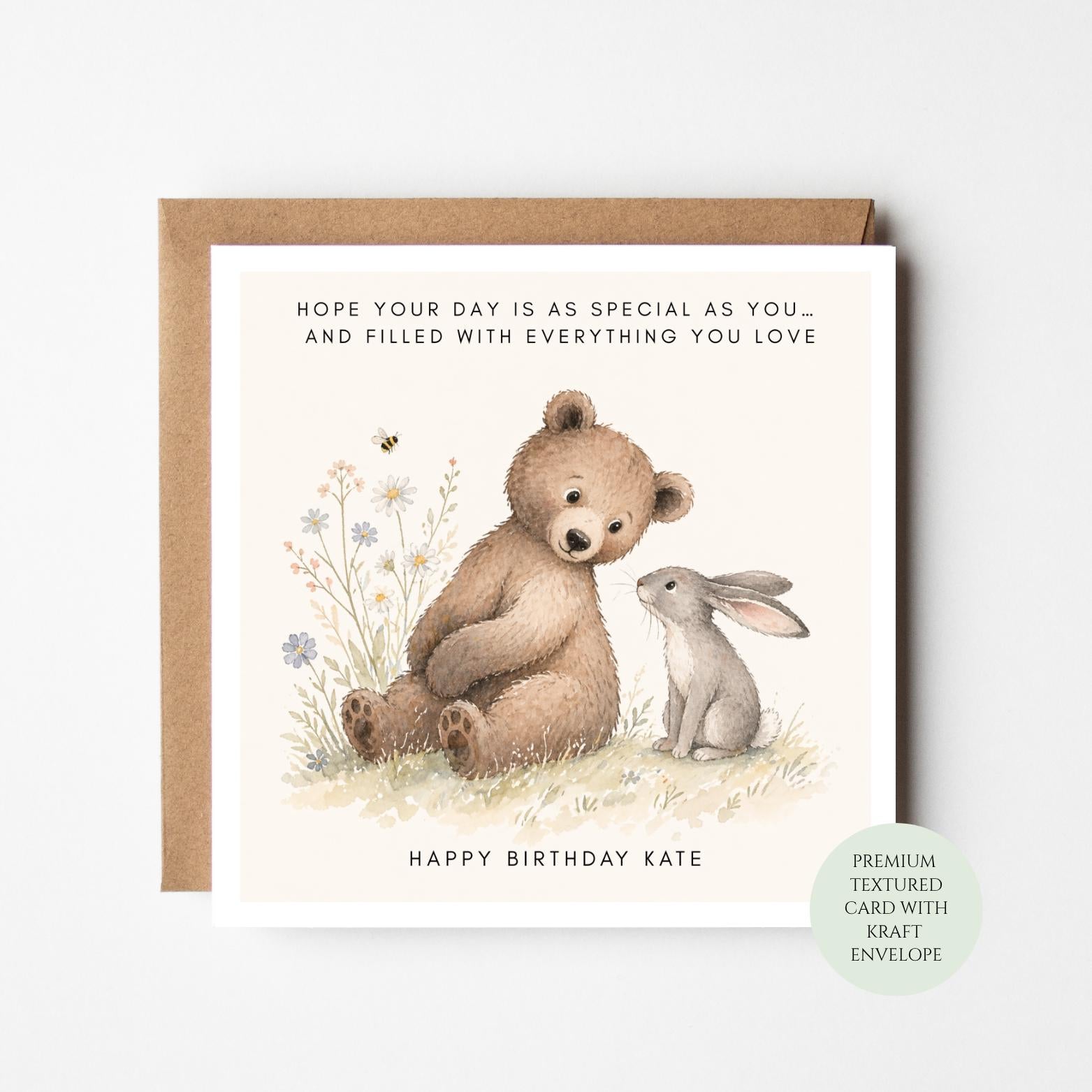 Animal Birthday Card: Bear and Bunny Design (Textured Cardstock, Envelope)