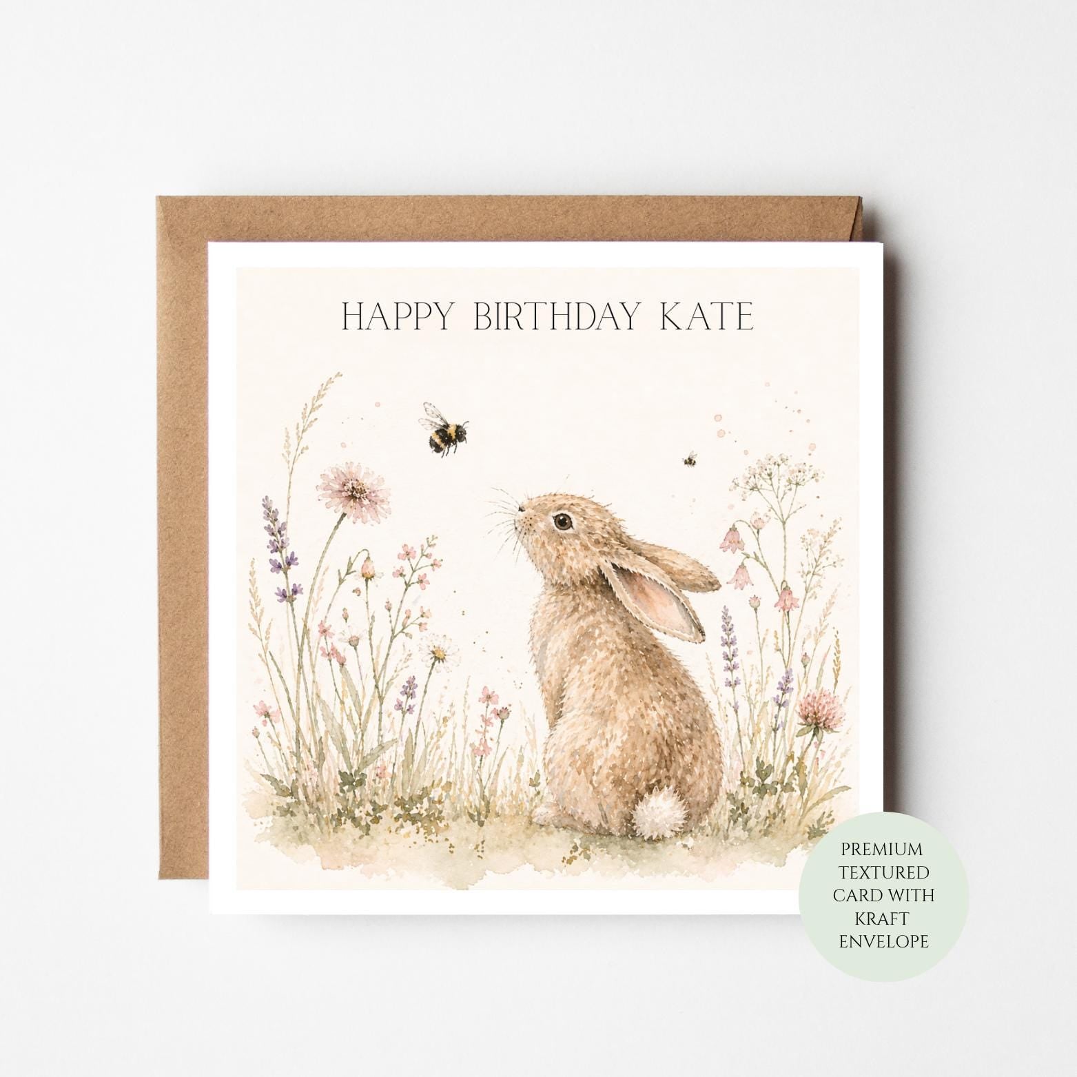 Rabbit Birthday Card – Woodland Whimsy Bunny Illustration, Textured Finish