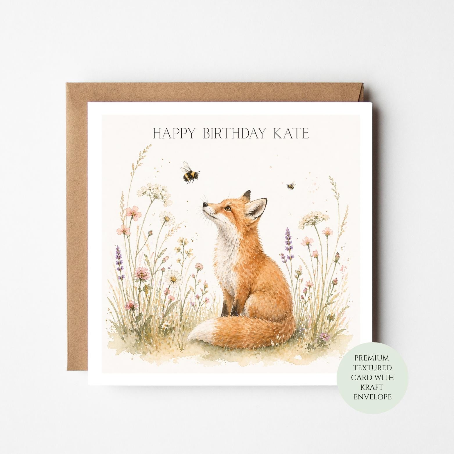 Woodland Fox Birthday Card, Watercolor Animal Illustration, Textured Paper (Blank Inside)