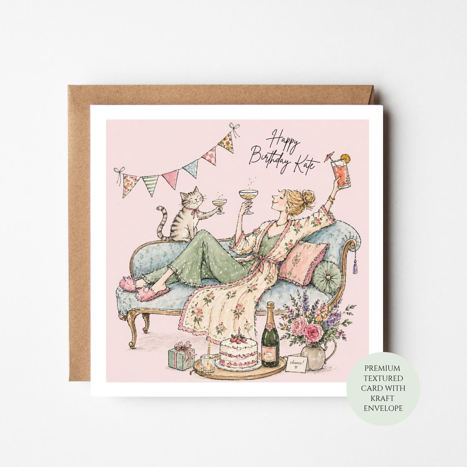 Birthday Card: Cat Lover Theme, Textured Cardstock, Kraft Envelope