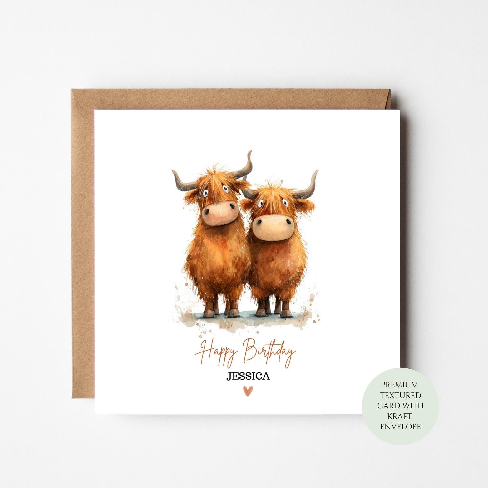Highland Cow Birthday Card: Textured Cardstock, Kraft Envelope