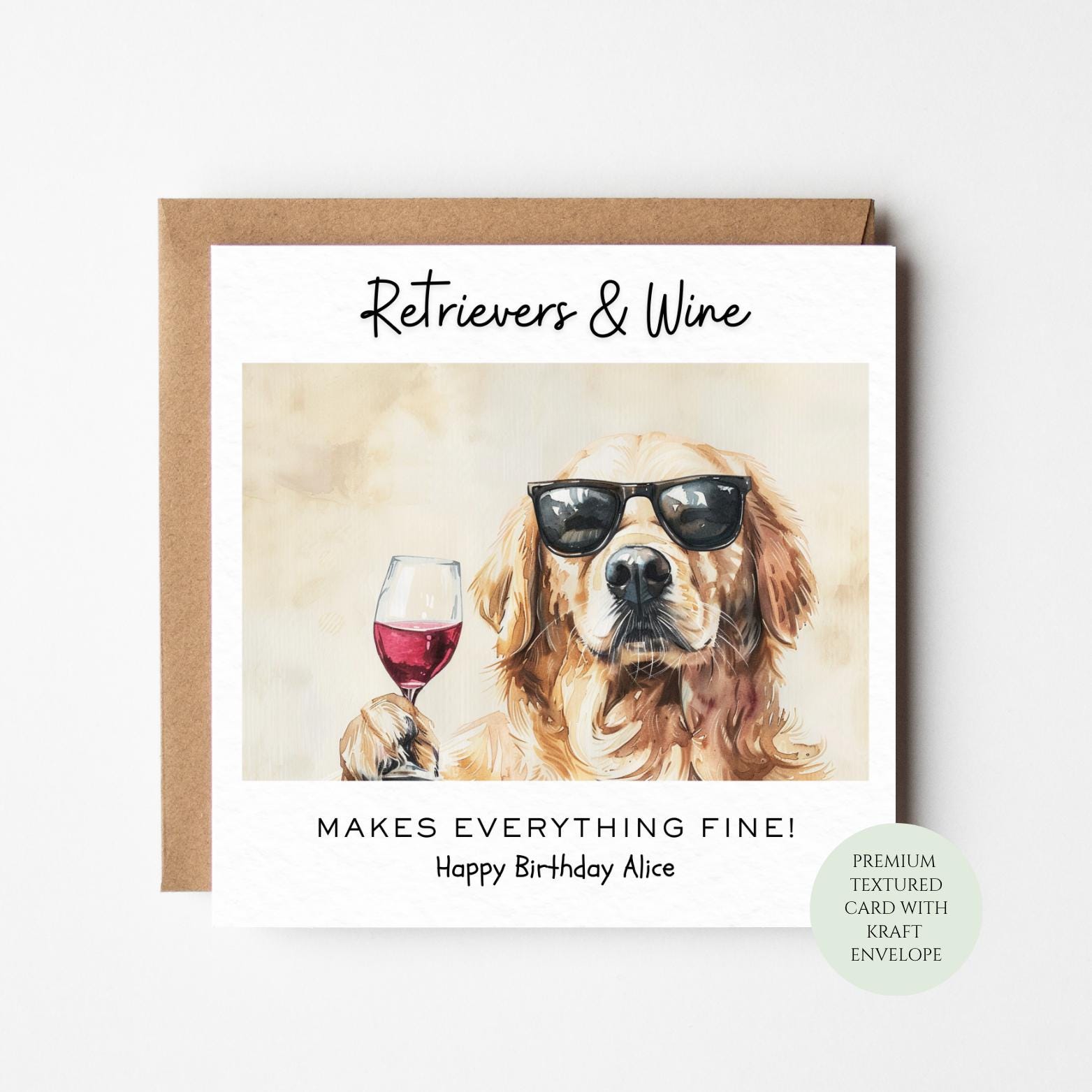 Dog Birthday Card: Golden Retriever and Wine Humor - Textured Finish