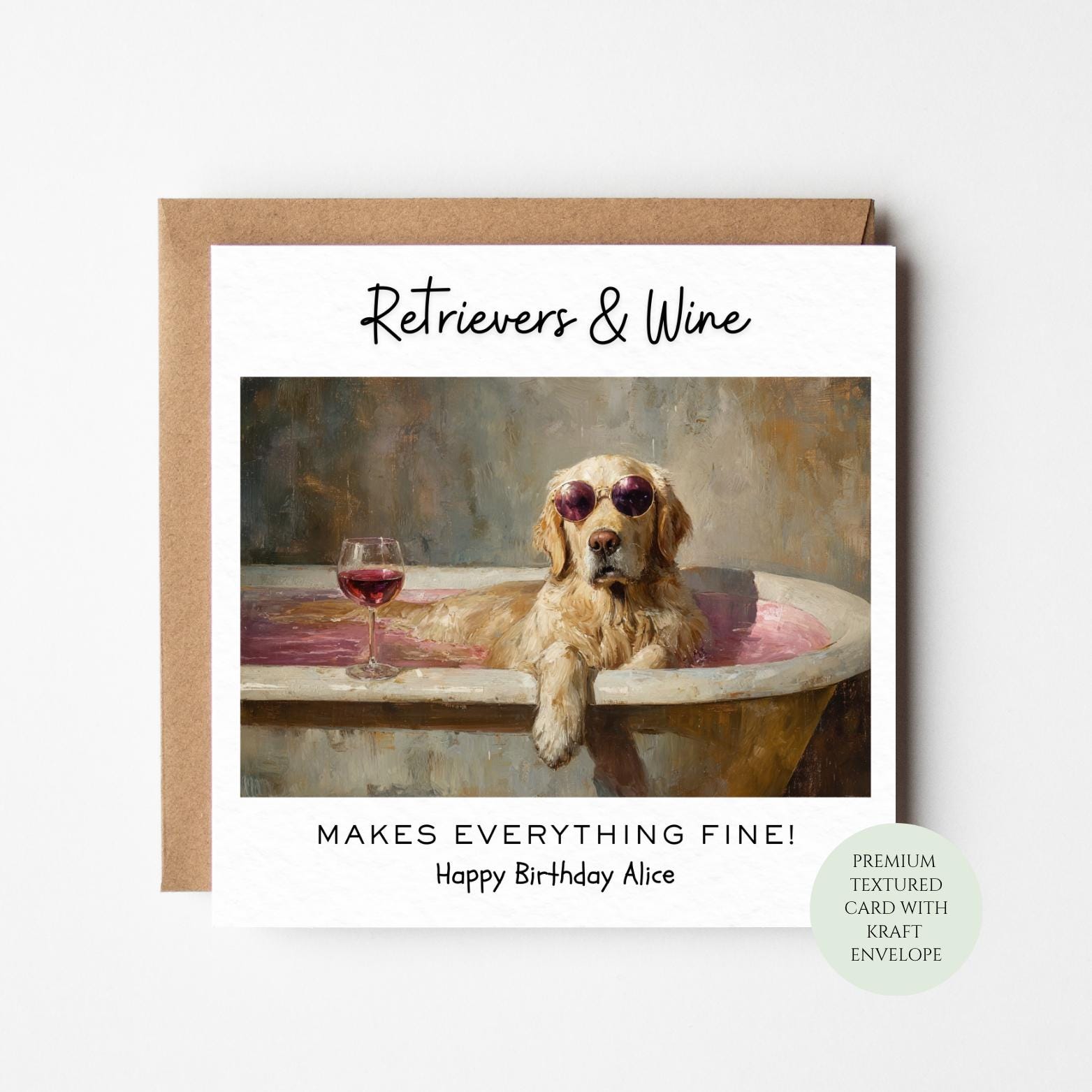 Dog Lover Birthday Card: Golden Retriever Bath Scene - Funny Wine Theme
