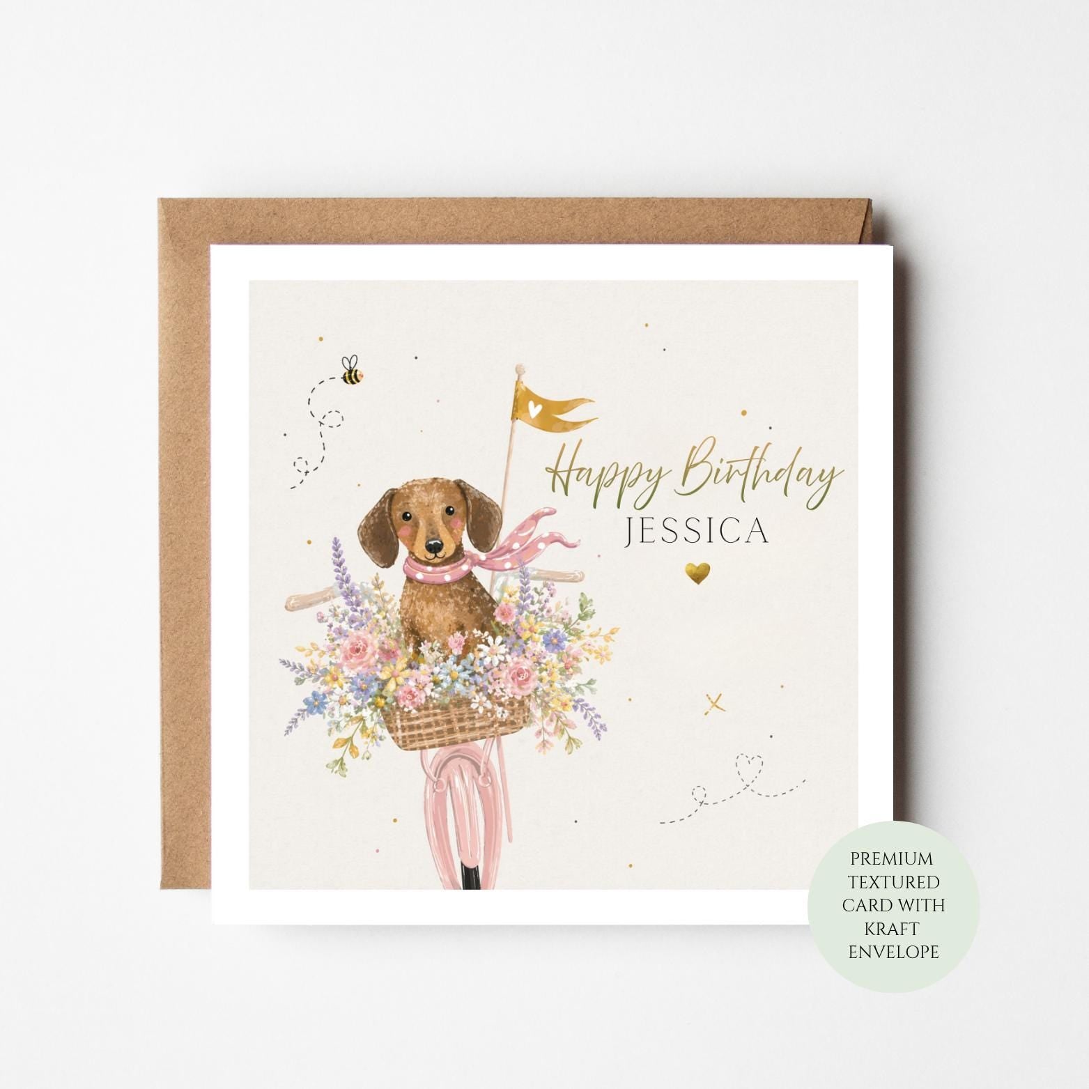Personalised Dachshund Birthday Card, Sausage Dog Bicycle Illustration, Dog Lover Greeting