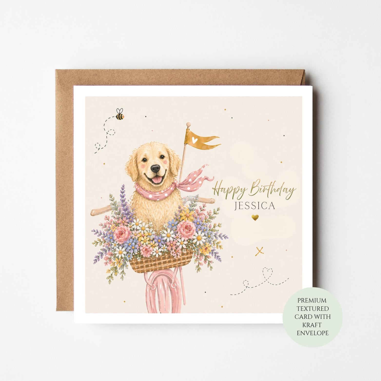 Personalised Golden Retriever Birthday Card, Dog Bicycle Floral Illustration