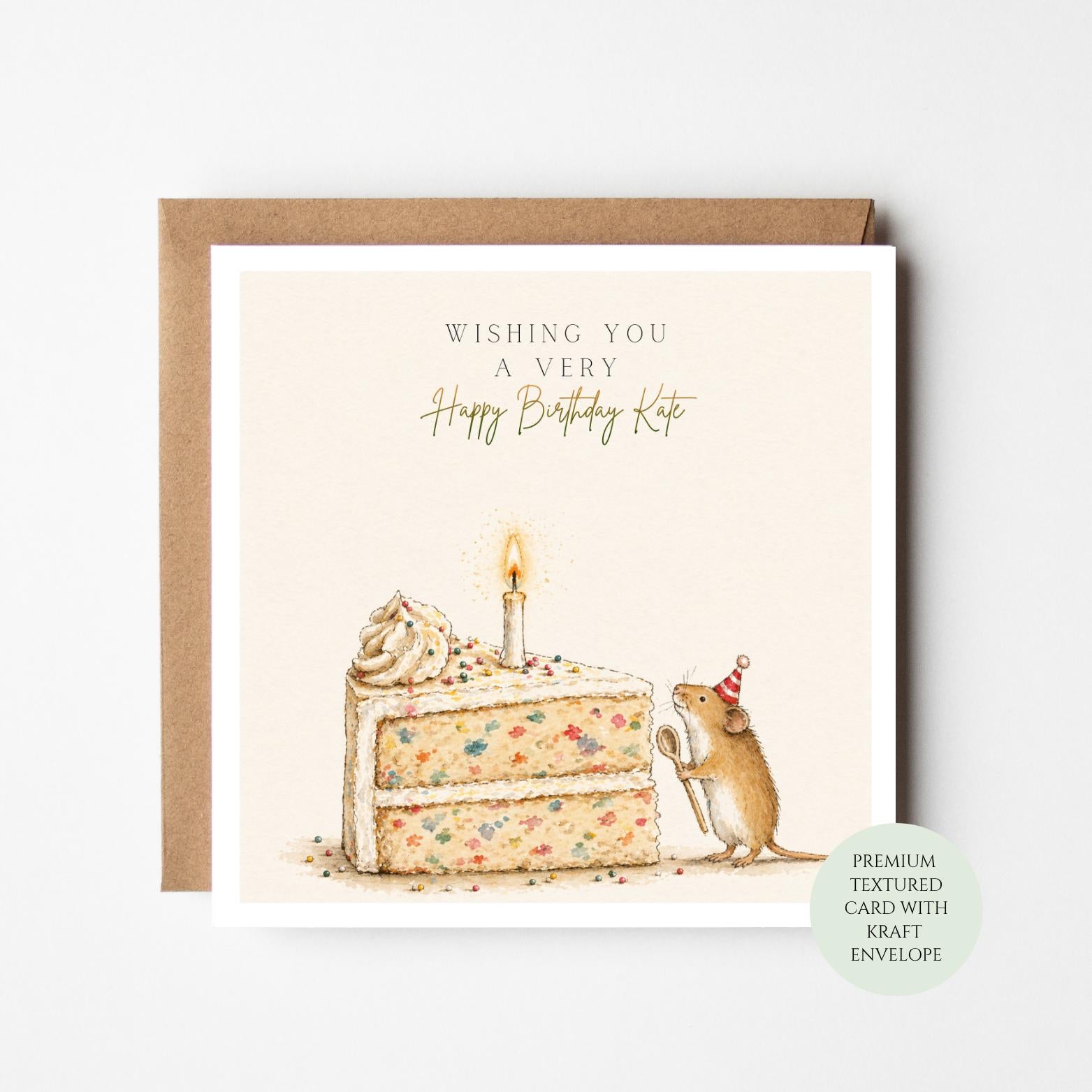 Personalised Mouse Birthday Card, Sweet Animal Cake Greeting For Her, Kraft Envelope