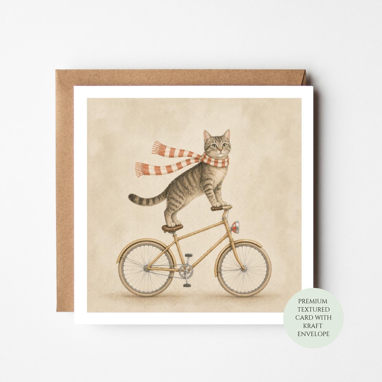 Cat Bicycle Birthday Card, Whimsical Pet Lover Greeting, Funny Illustration
