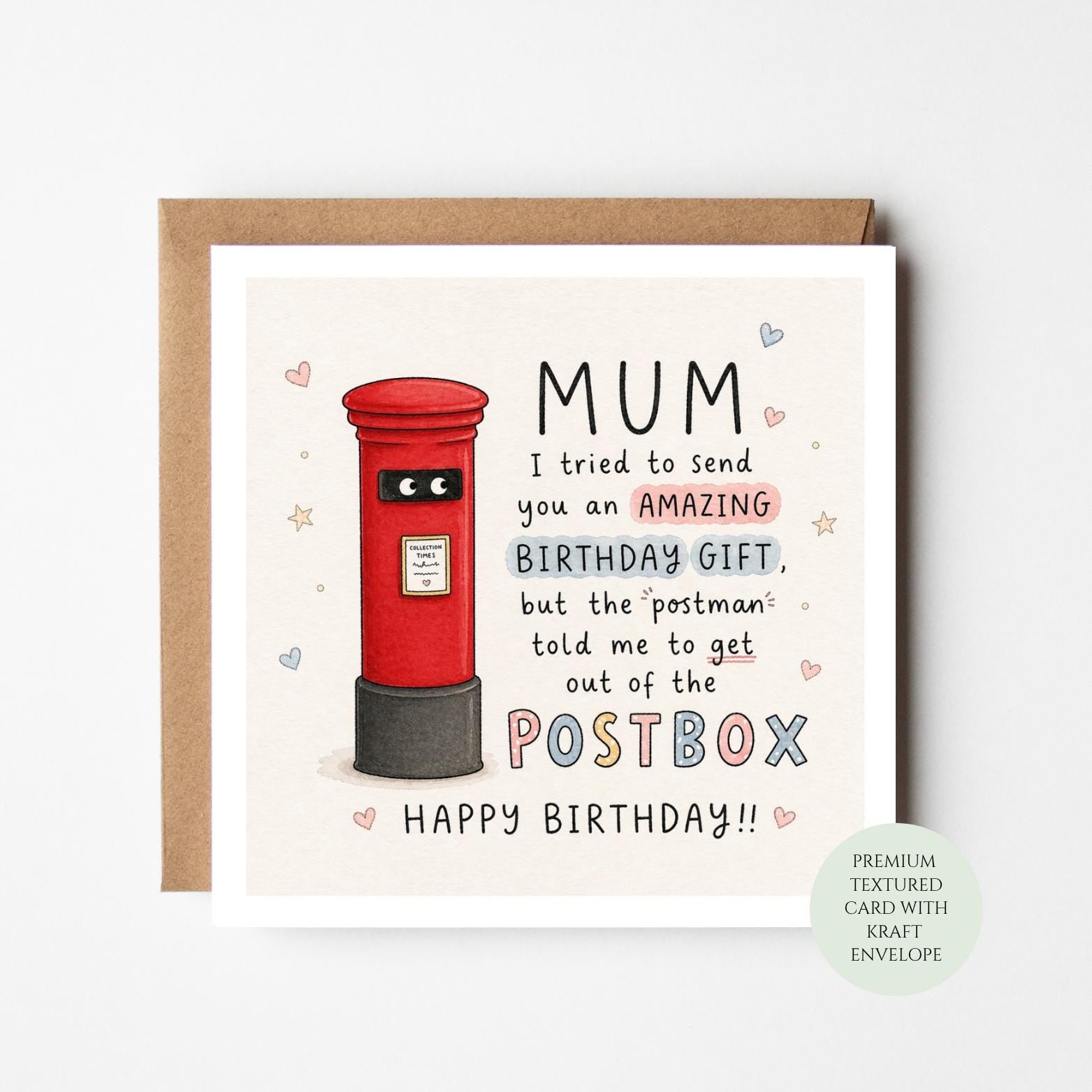 Funny Mum Birthday Card, Humorous Postbox Joke, Daughter Son Gift
