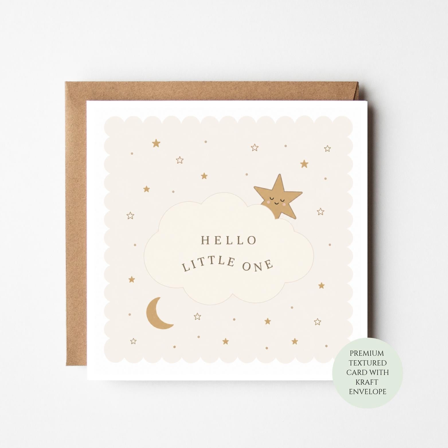 New Baby Card, Neutral Hello Little One, Baby Shower Greeting, Star Moon Design