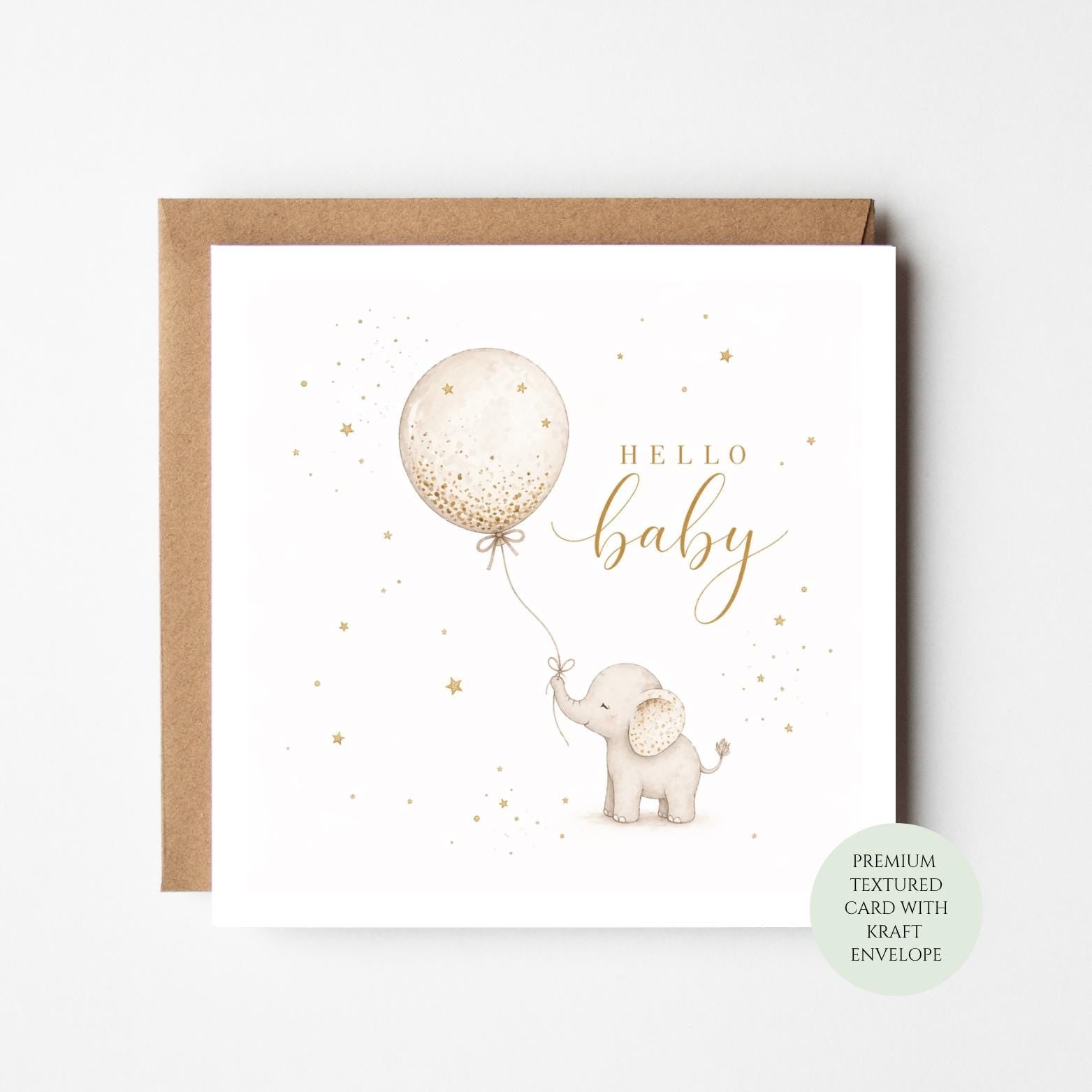 Hello Baby Elephant Card, Neutral Newborn Greeting, Baby Shower Celebration