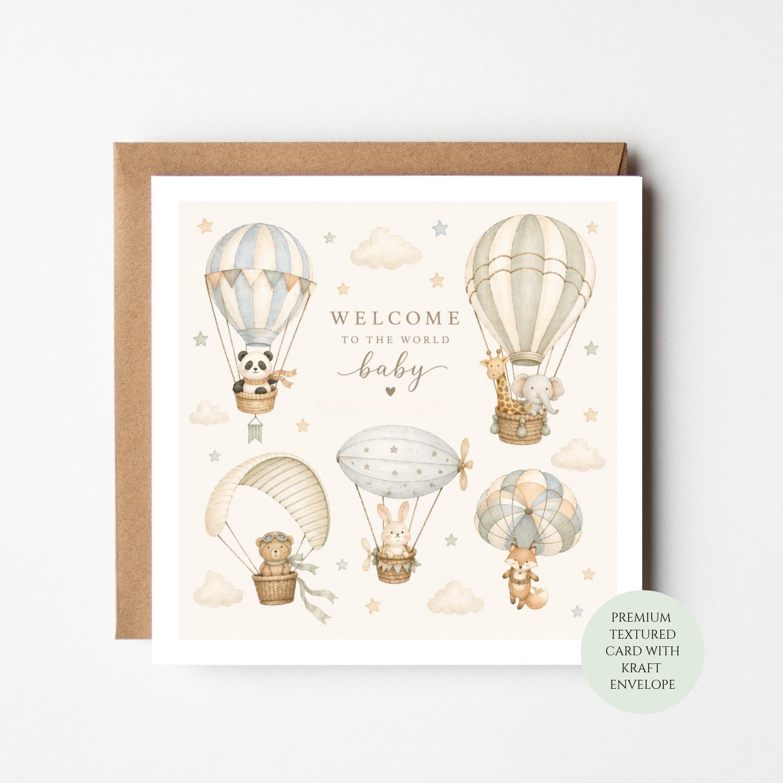 Welcome Baby Card, Hot Air Balloon Animals, Neutral Baby Shower Greeting
