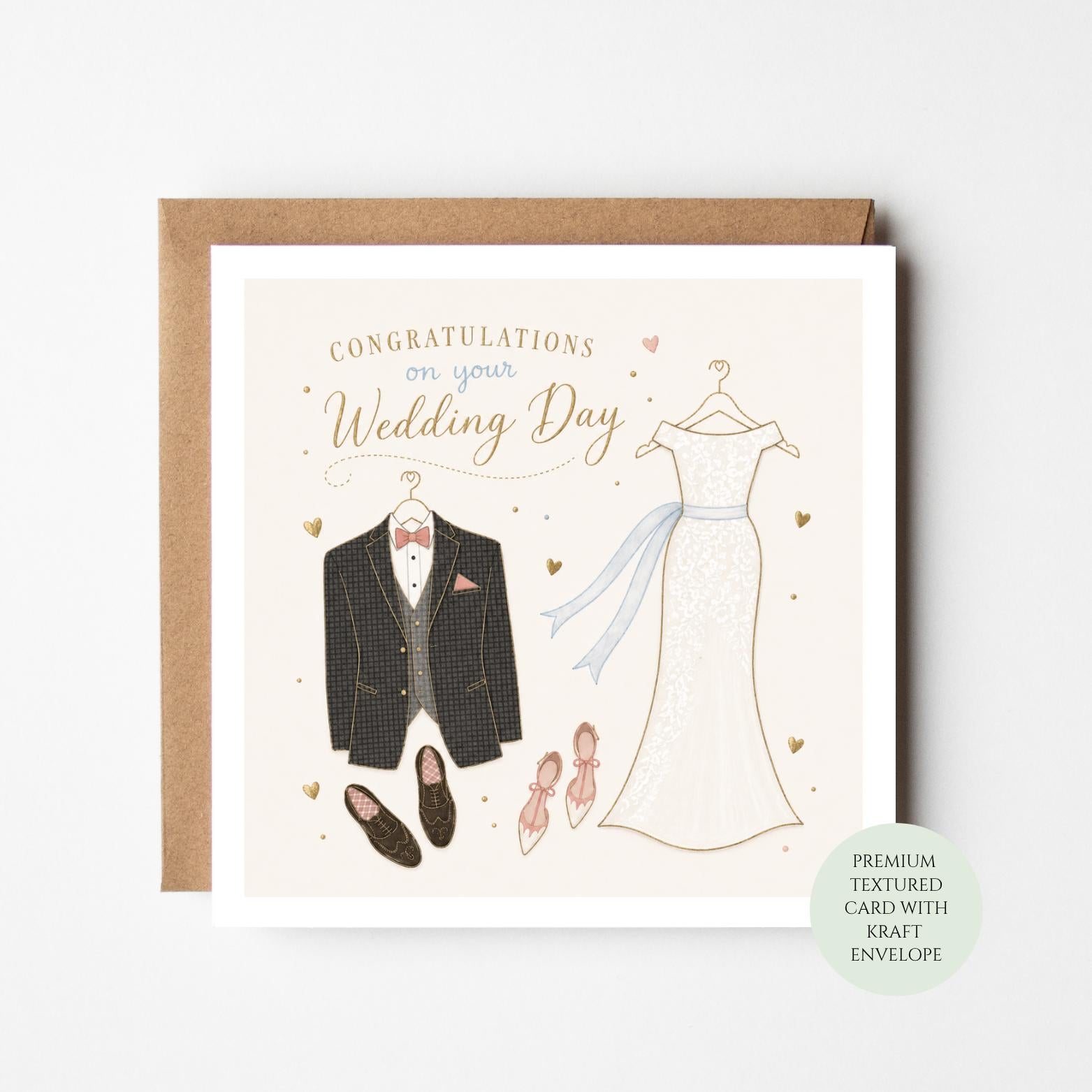 Wedding Day Card, Bride Groom Outfit Illustration, Newlywed Congratulations Message