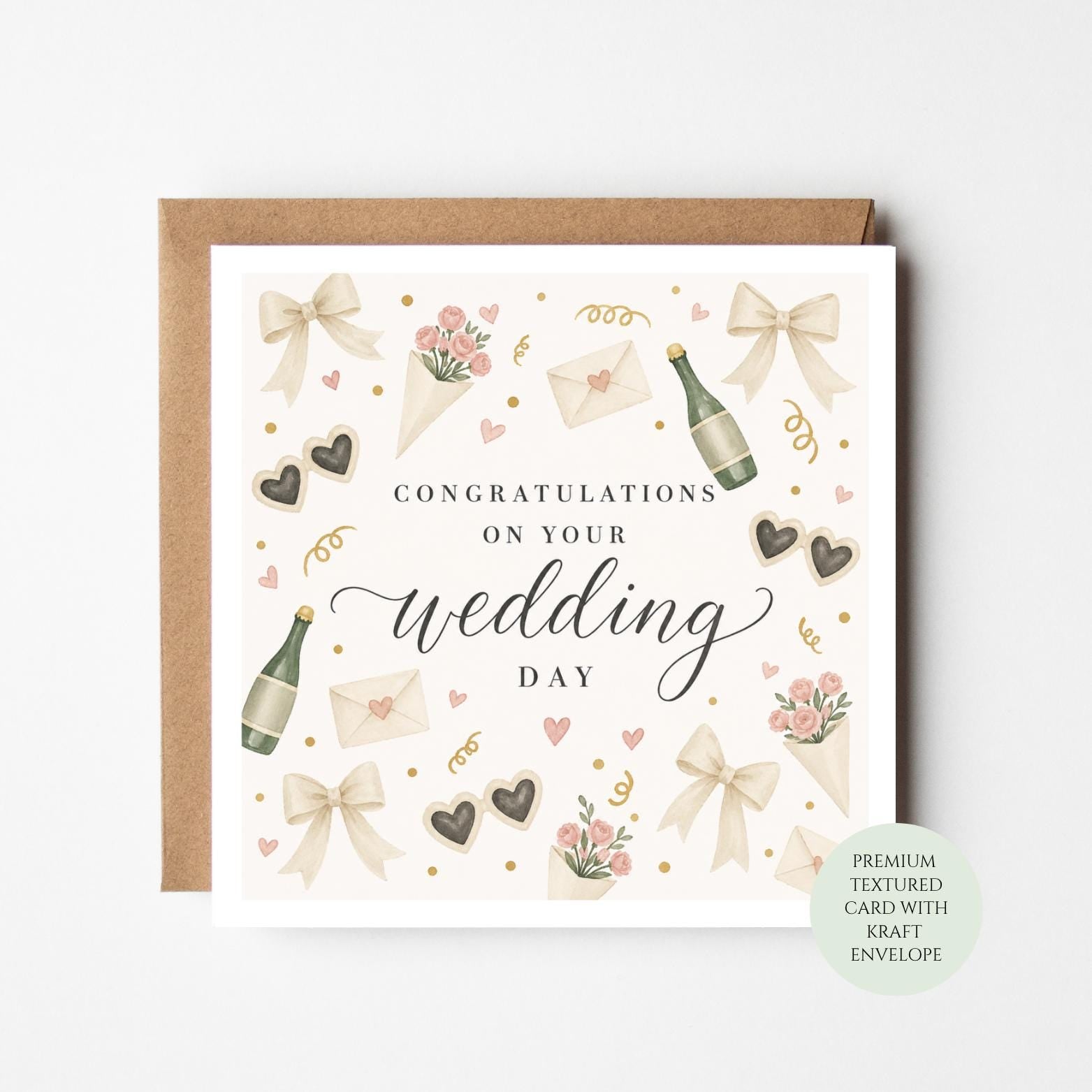 Wedding Day Card, Bride Groom Marriage Celebration, Newlywed Wishes, Kraft Envelope