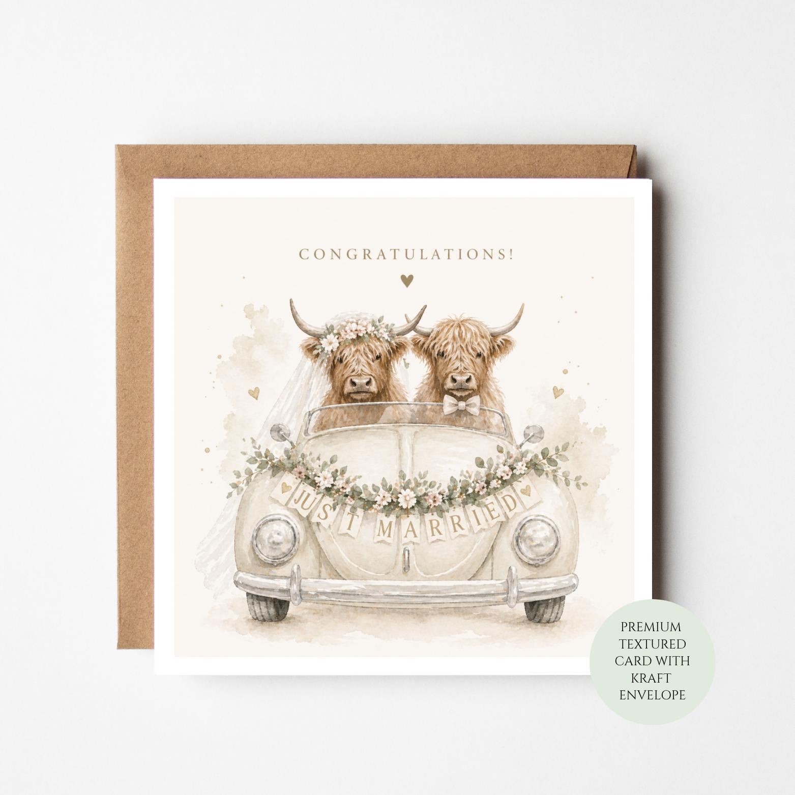 Highland Cow Wedding Card, Just Married Mr and Mrs Congratulations Bride Groom