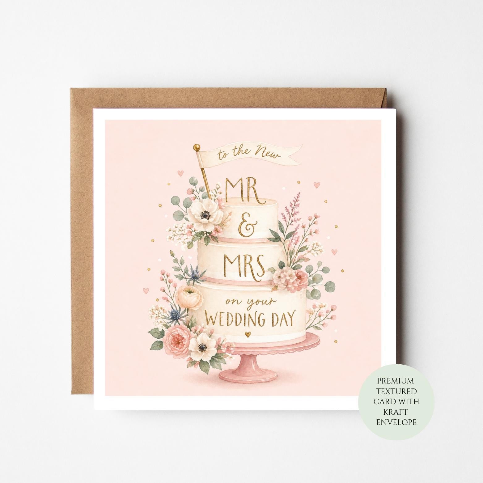 New Mr and Mrs Wedding Day Card, Elegant Floral Cake Design, Congratulations Newlyweds