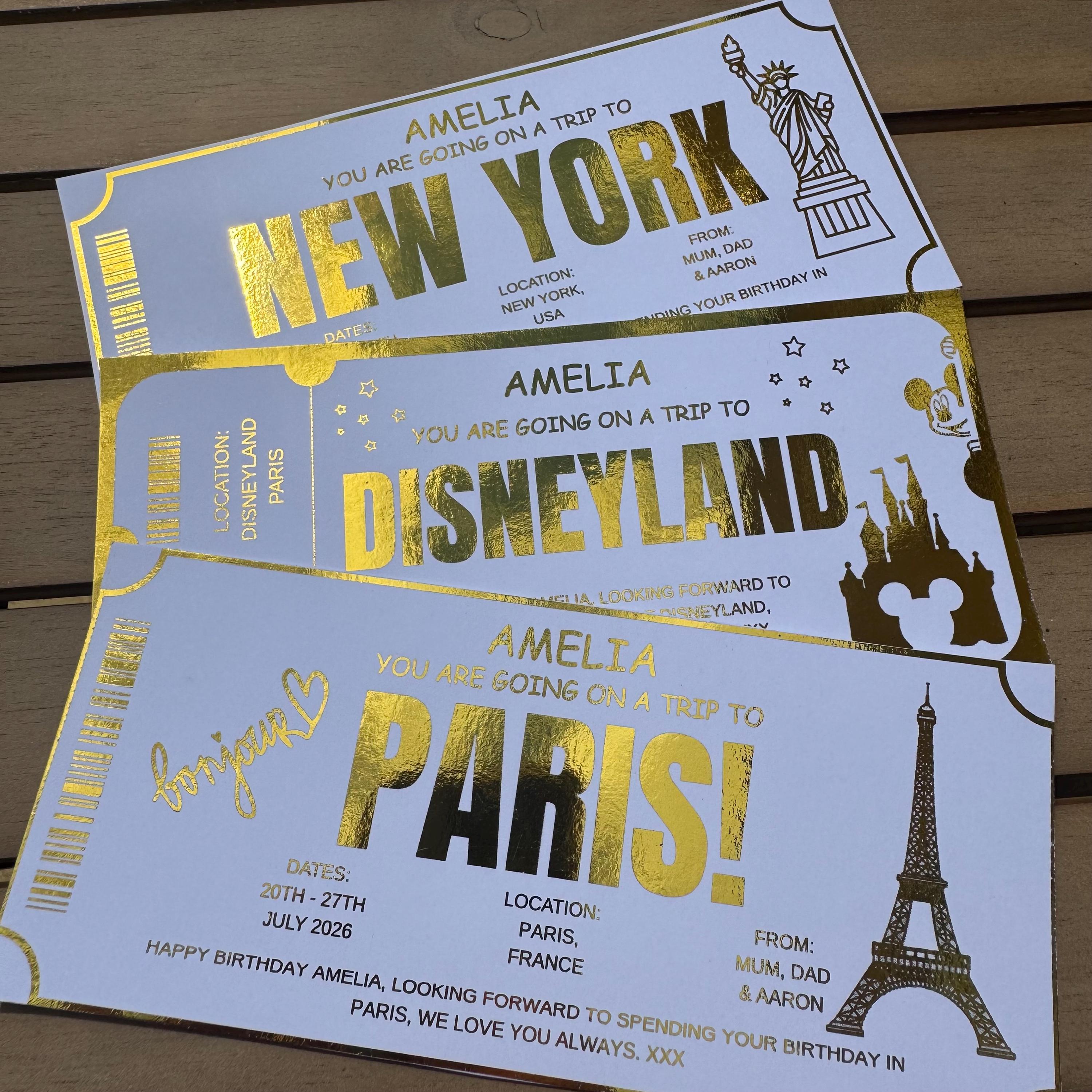 Personalised Gold Foil Trip Ticket, Surprise Holiday Reveal Voucher, Custom Travel Birthday Gift