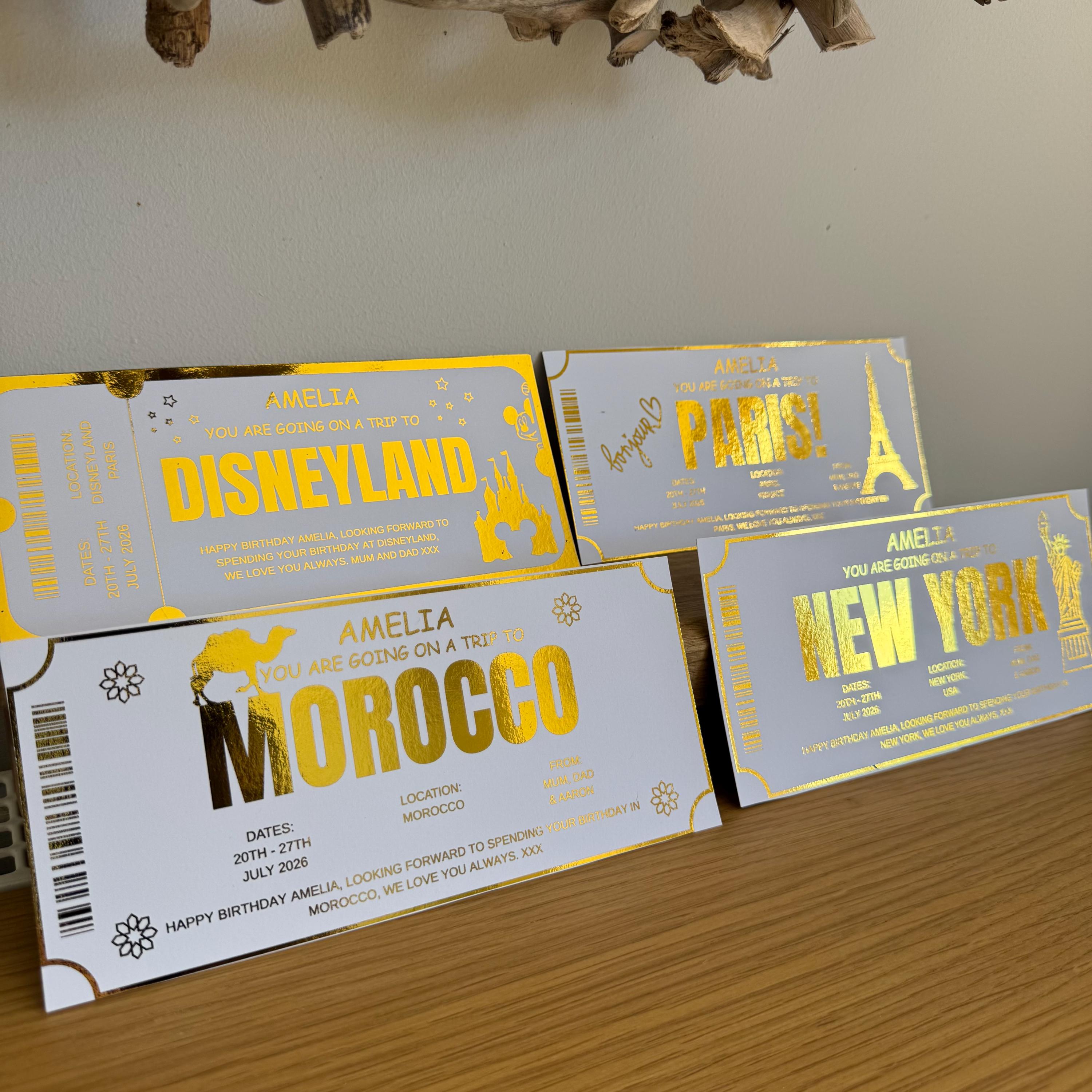 Personalised Gold Foil Trip Ticket, Surprise Holiday Reveal Voucher, Custom Travel Birthday Gift