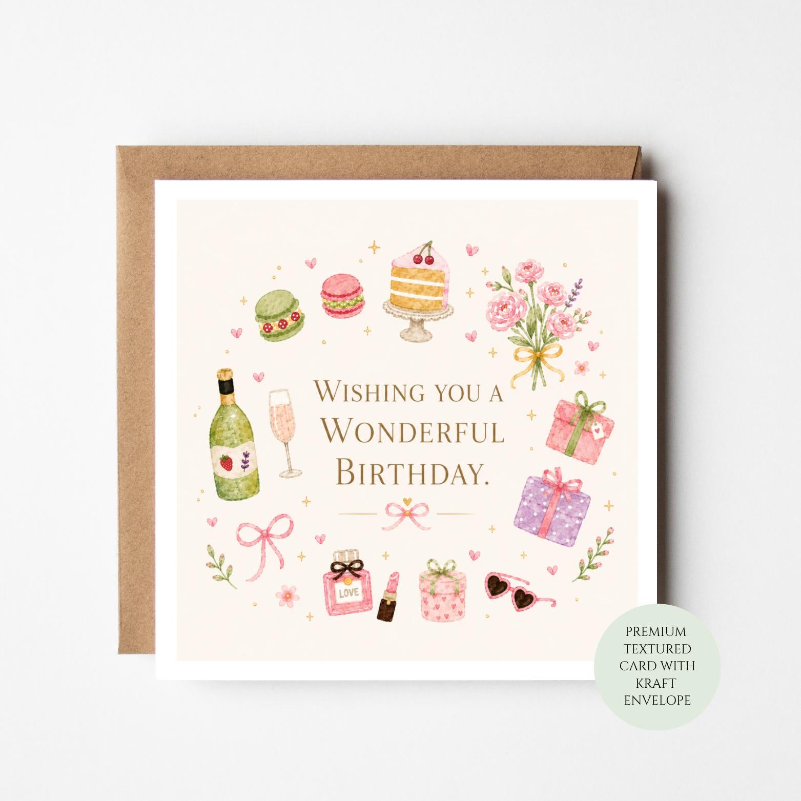 Birthday Card, Watercolor Cake, Flowers, Champagne, Gifts (Print)