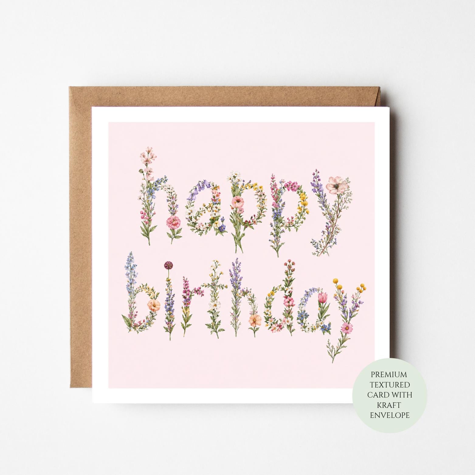 Floral Happy Birthday Card, Botanical Wildflower Design, Textured Print