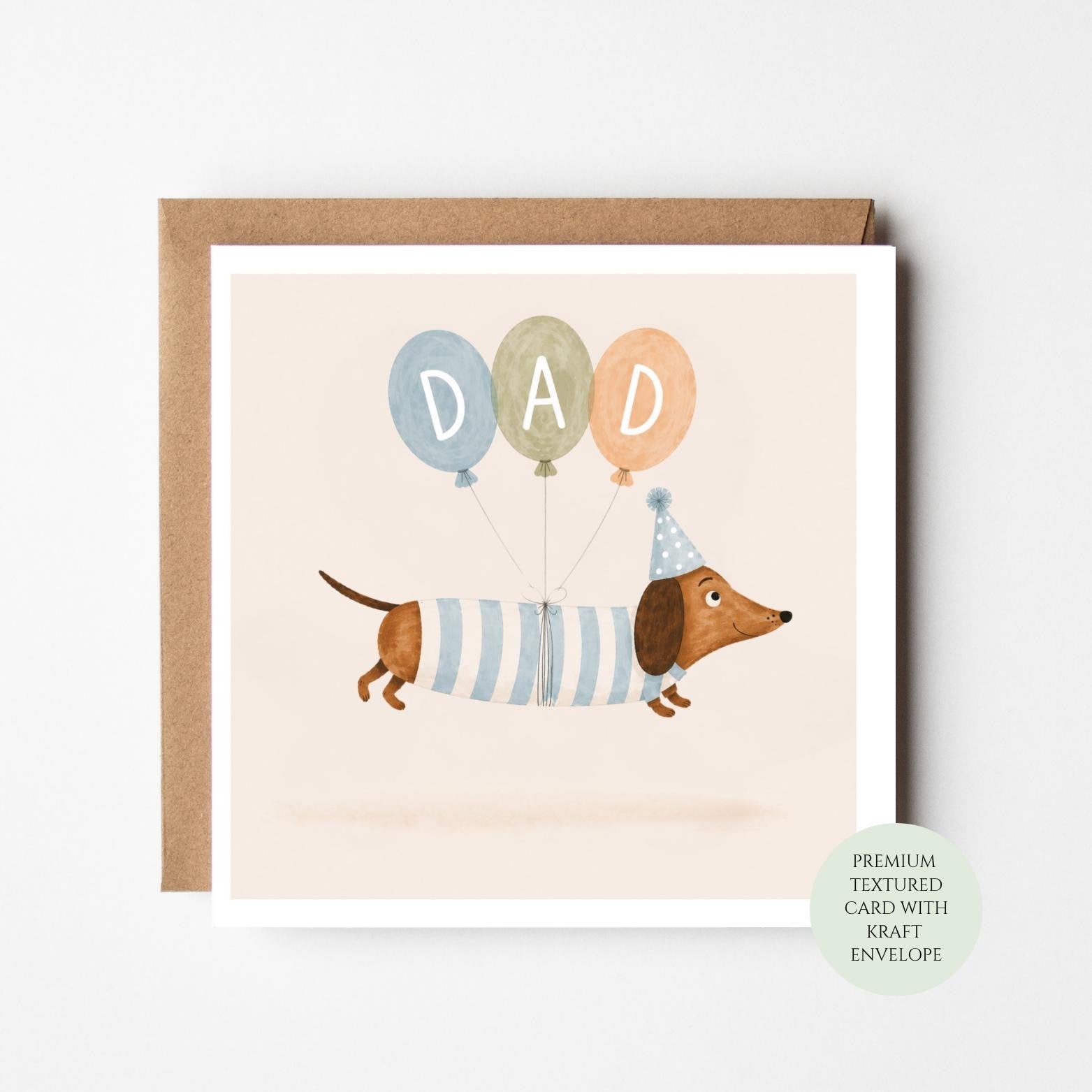 Dachshund Dad Birthday Card, Sausage Dog With Balloons, Physical Print
