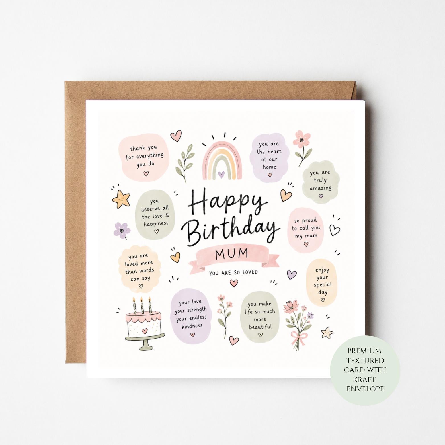 Happy Birthday Mum Card, You Are So Loved, Rainbow Cake Design, Print