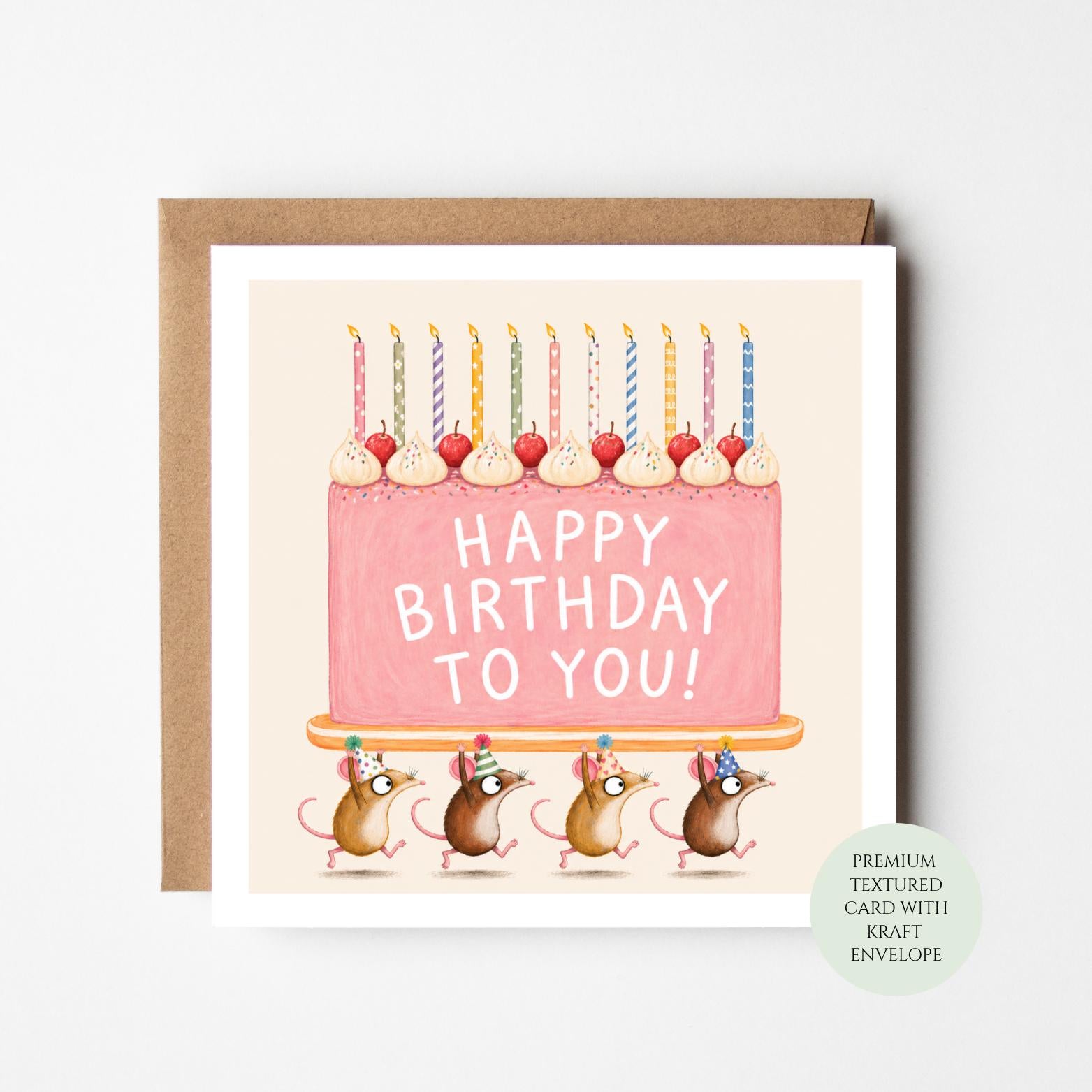 Pink Birthday Cake Mice Card, Whimsical Animal Celebration, Textured Print