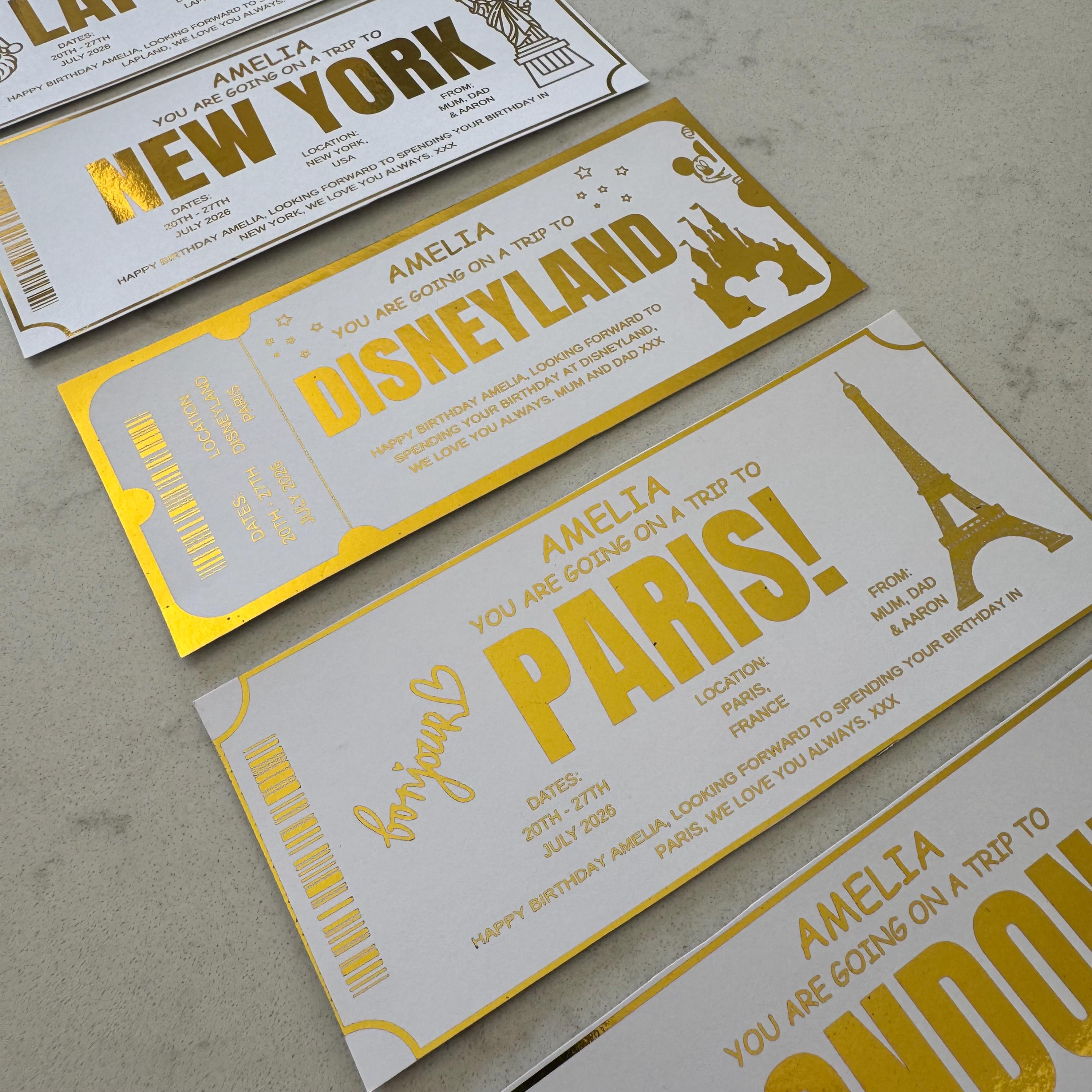 Personalised Gold Foil Trip Ticket, Surprise Holiday Reveal Voucher, Custom Travel Birthday Gift