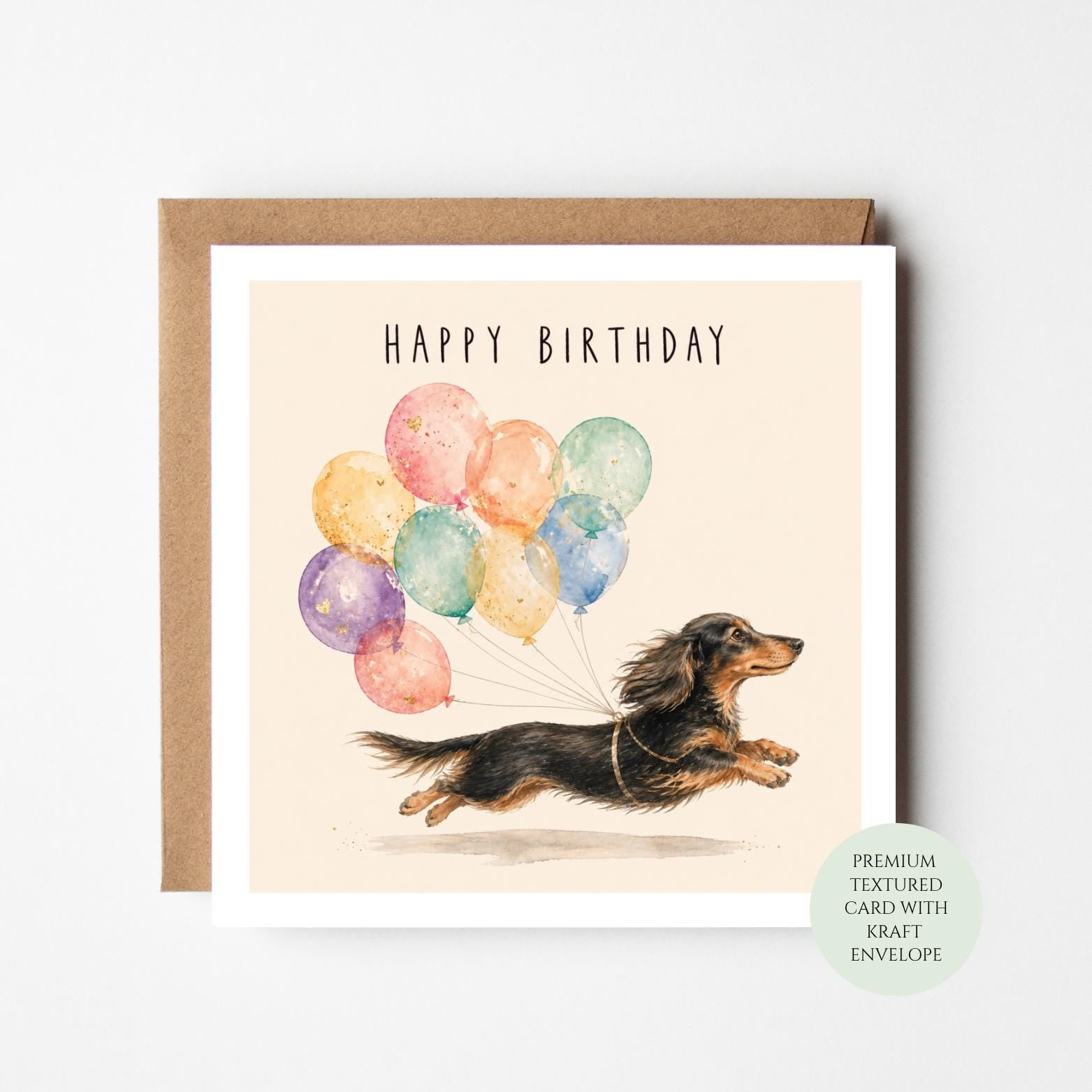 Long Haired Dachshund Birthday Card, Dog Lover Balloon Print
