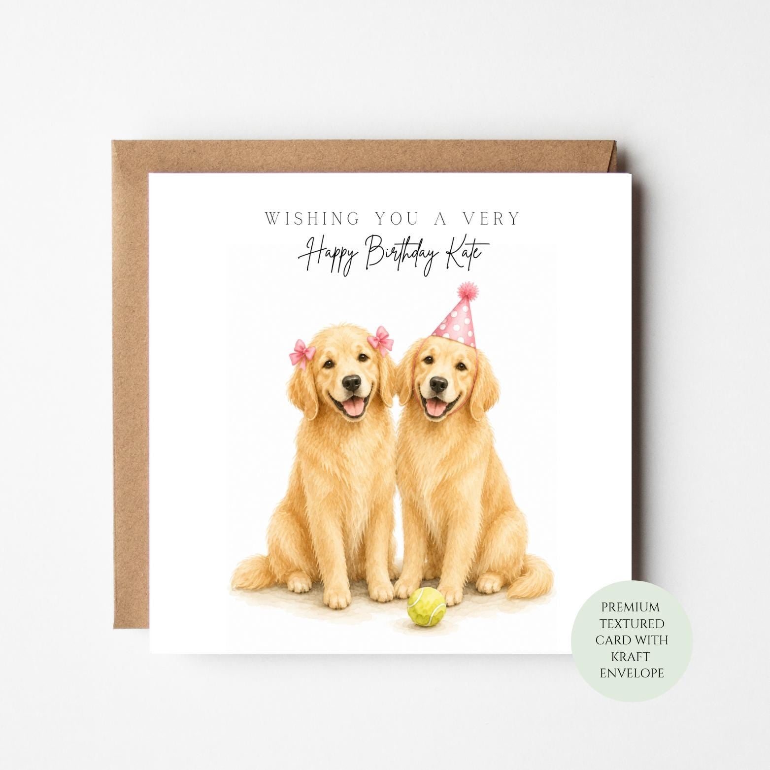 Golden Retriever Birthday Card, Two Dogs, Party Hats, Tennis Ball, Personalised (Physical Print)
