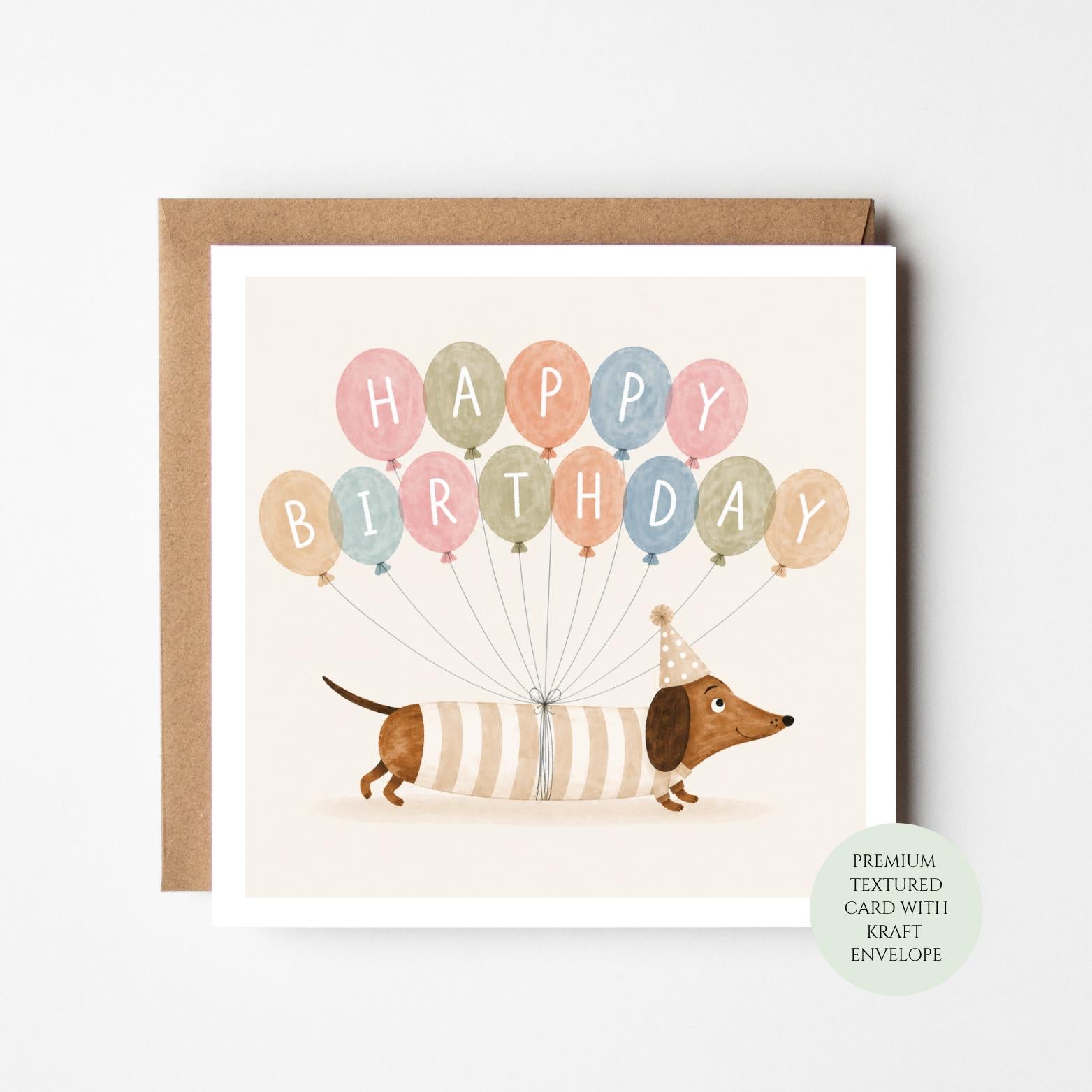 Dachshund Birthday Card, Pastel Balloons, Sausage Dog Illustration, Cardstock (5x7 inches)