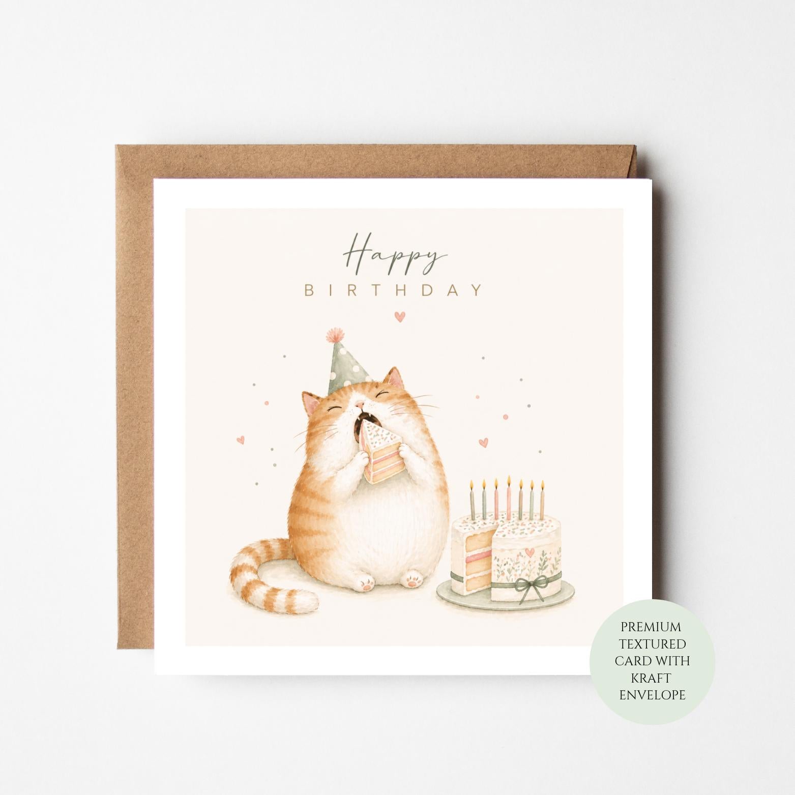 Ginger Cat Birthday Card, Eating Cake With Candles, Cat Lover Greeting, Textured Print