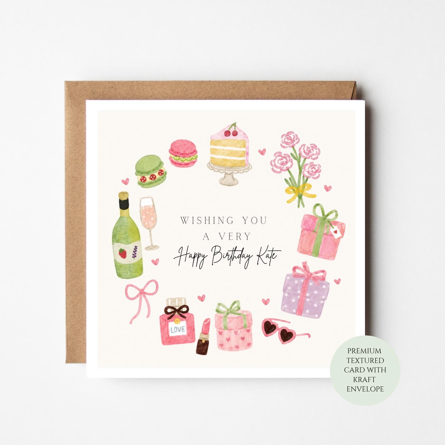 Personalised Birthday Card, Watercolour Champagne Flowers Cake, Textured Print