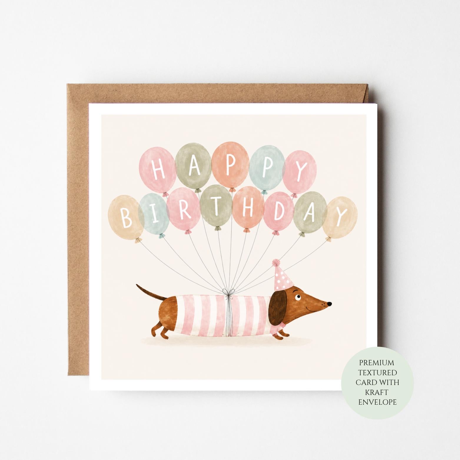 Dachshund Birthday Card, Dog With Balloons, Sausage Dog Greeting, Print