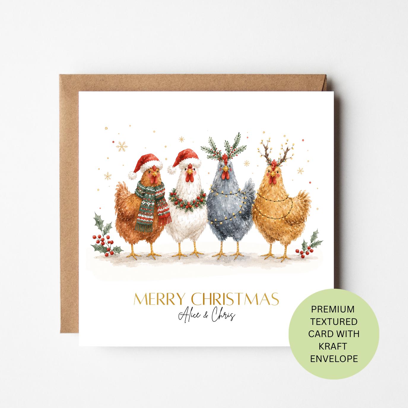 Personalised Watercolour Hens Christmas Card, Festive Chickens with Santa Hats, Textured Kraft Envelope