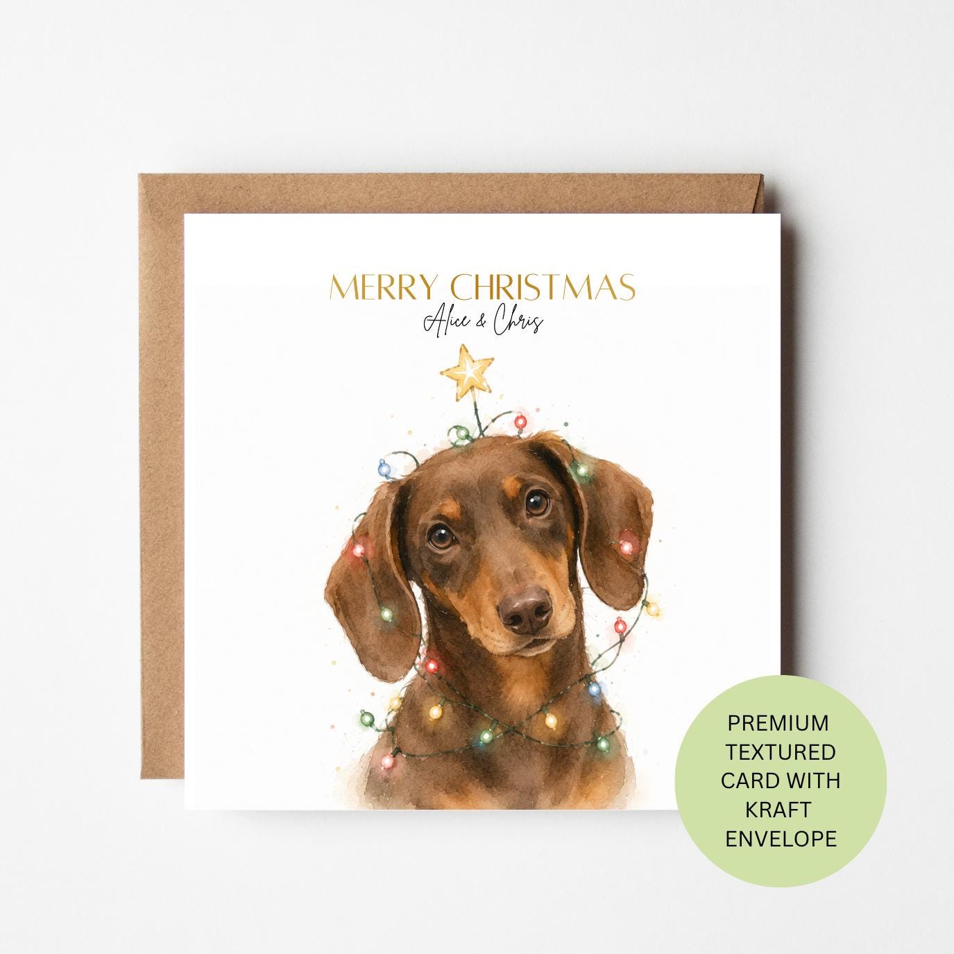 Personalised Dachshund Christmas Card, Fairy Lights Sausage Dog Card
