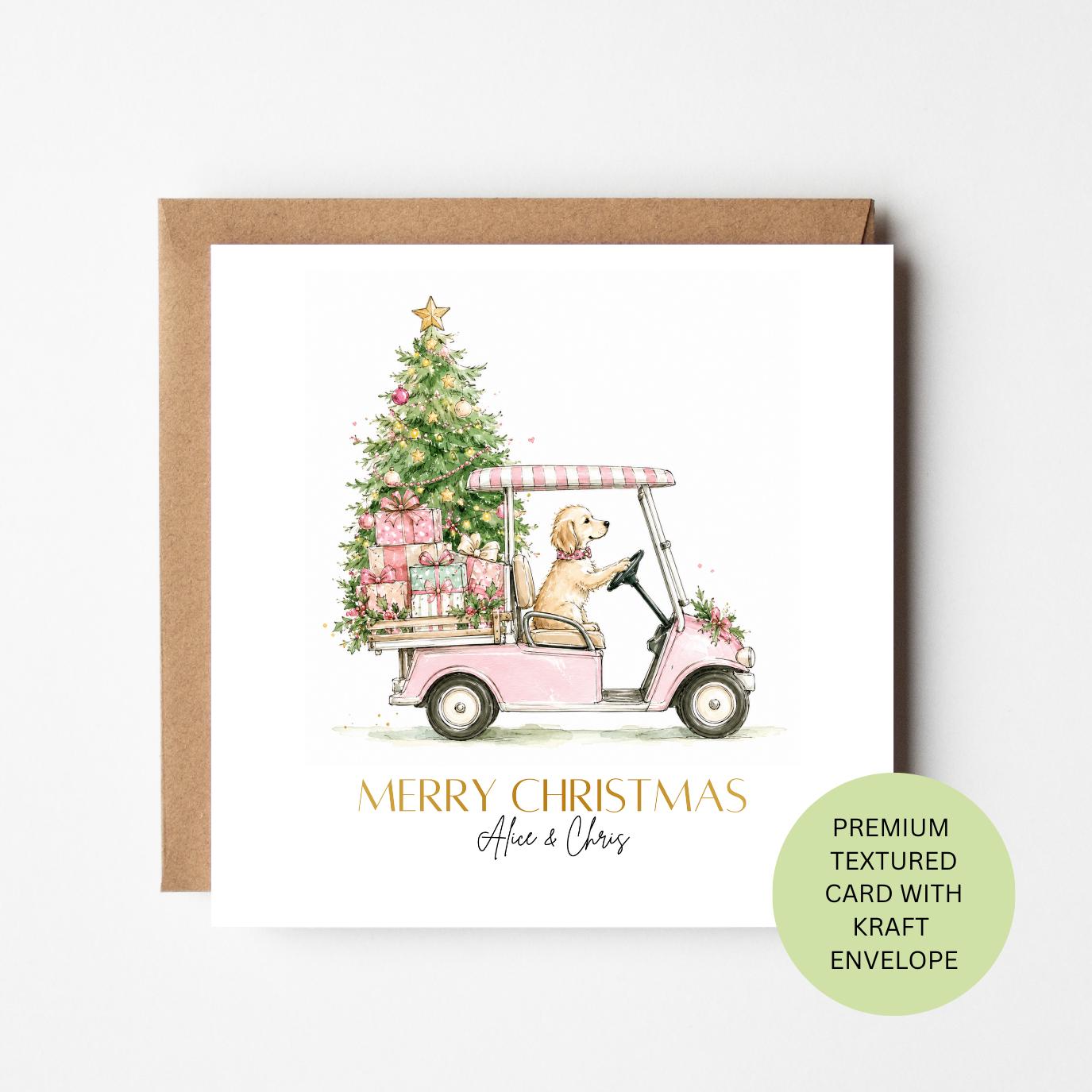 Personalised Golden Retriever Christmas Card, Watercolour Dog Driving Pink Golf Cart, Textured Card
