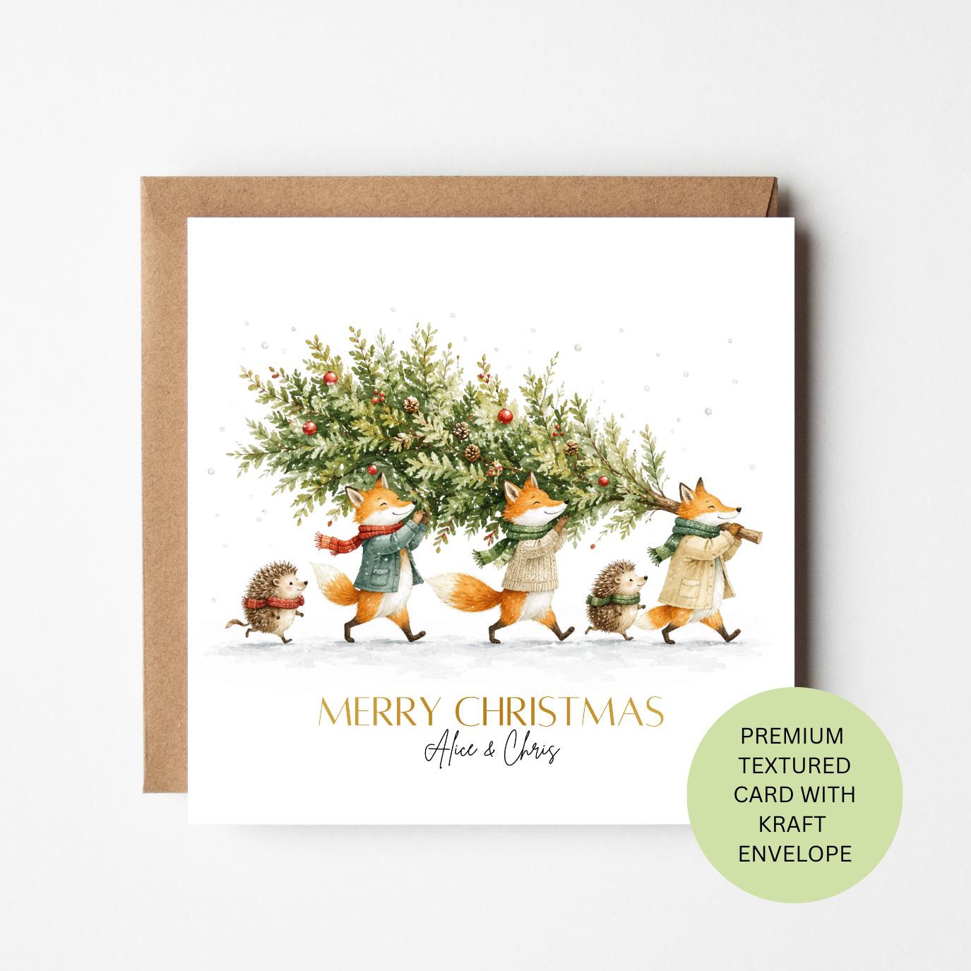 Personalised Fox Family Christmas Card, Woodland Tree Watercolour Card