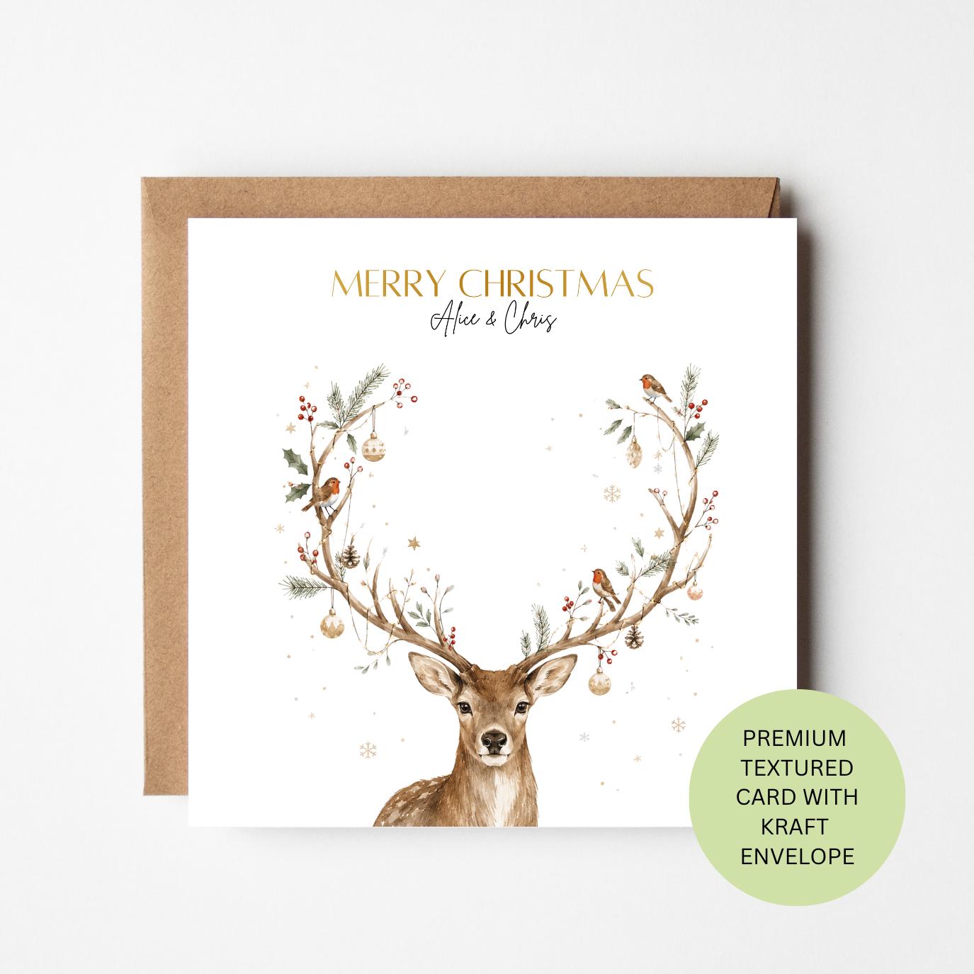 Personalised Watercolour Stag Christmas Card, Robin Antlers, Textured Wildlife Greeting