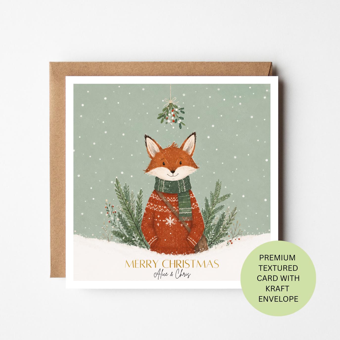 Personalised Fox Christmas Card, Festive Jumper Woodland Watercolour Card