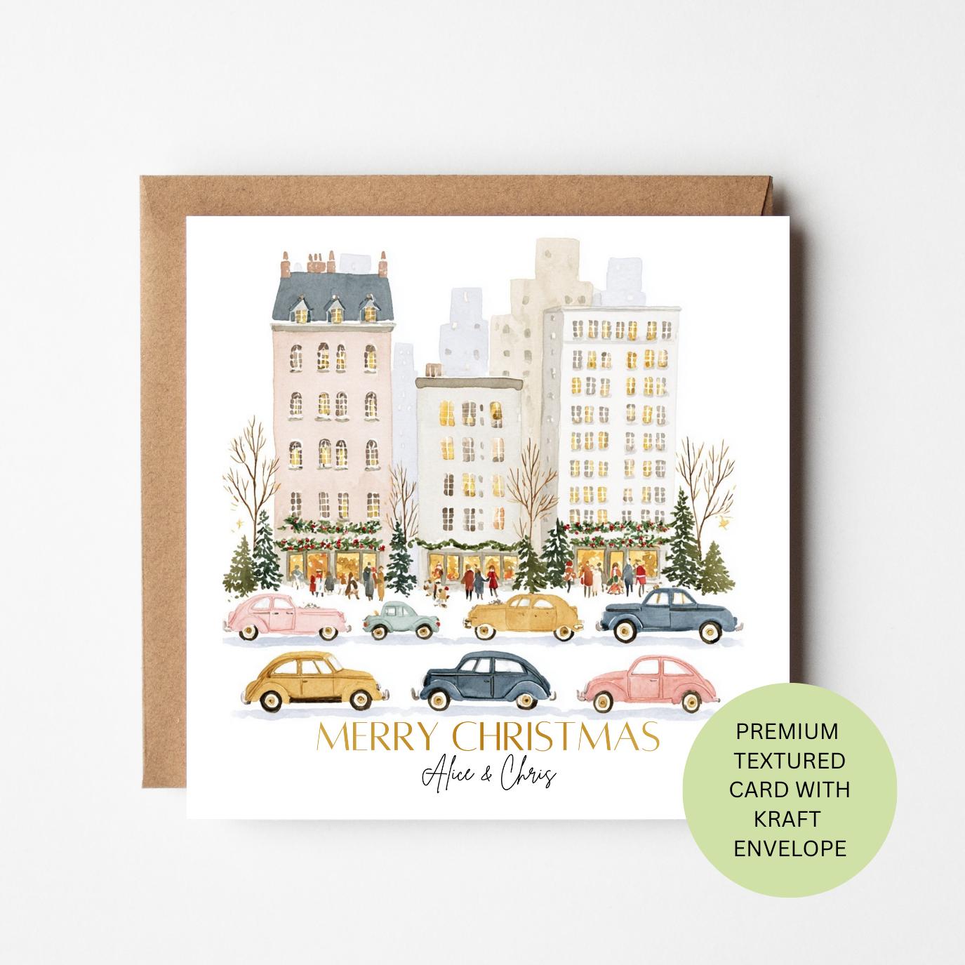 Watercolour City Christmas Card, Festive Shopping Street, Vintage Cars, Personalised Greeting (Textured Card)