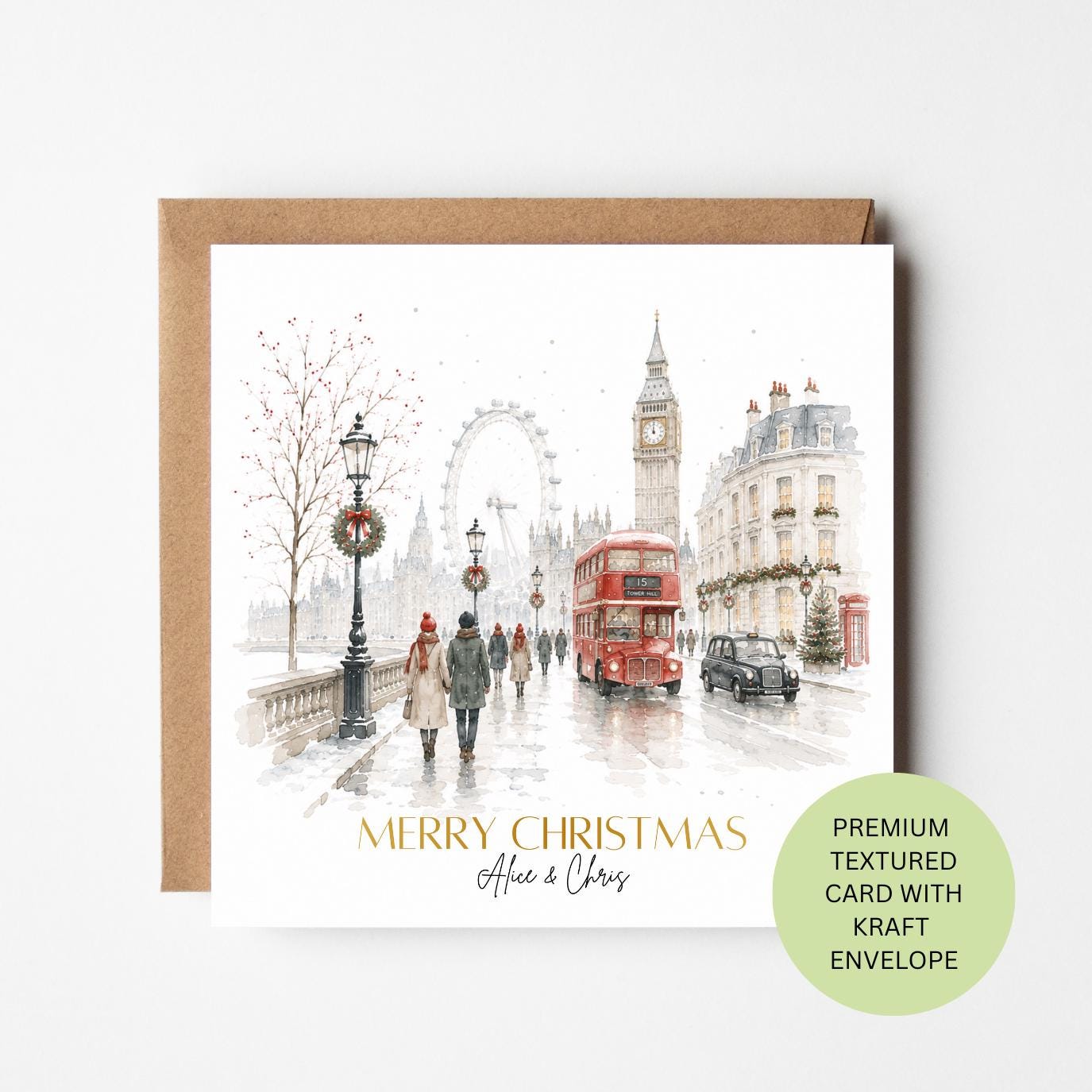 Personalised London Christmas Card, Watercolour Big Ben Red Bus (Textured Card)
