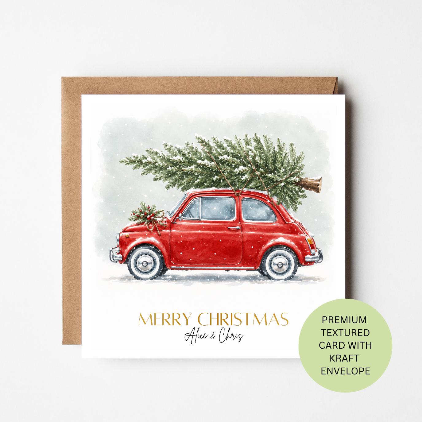 Personalised Watercolour Red Fiat Christmas Card, Classic Car Tree (Textured Card)