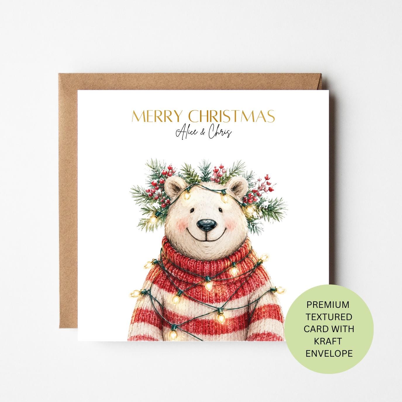 Personalised Polar Bear Christmas Card, Festive Jumper Watercolour Card