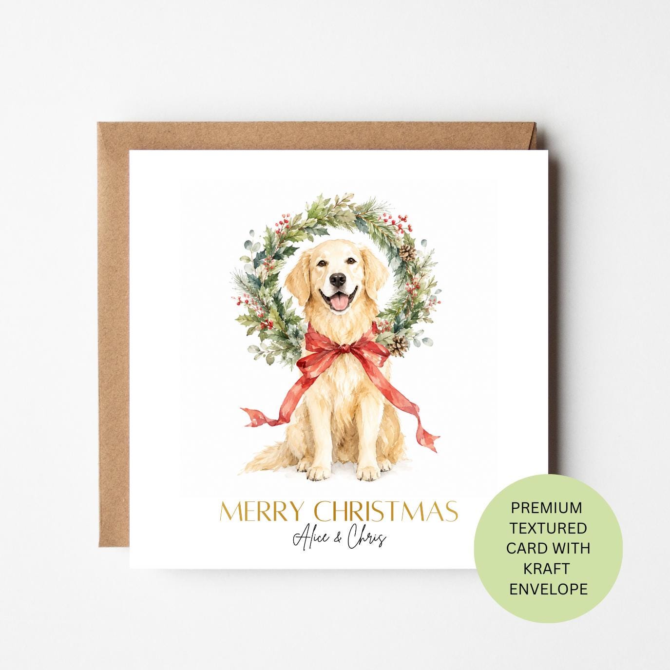 Personalised Golden Retriever Christmas Card, Festive Wreath Watercolour Card